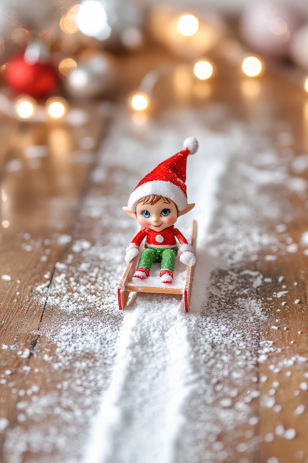 A playful Elf on the Shelf riding a small, whimsical sledge on a clear trail of powdered sugar spread across a clean wooden floor. The elf is positioned close to the camera, leaning forward as if steering the sledge and looking directly at the viewer with a joyful smile. Surrounding the trail are tiny faux snowflakes and a sprinkle of glitter, enhancing the magical ambiance. The scene is softly lit by warm floor lamps, highlighting the elf and the sugar trail. The elf wears a red hat with a white pom-pom, a red top with white buttons, green pants, and red-and-white striped socks.