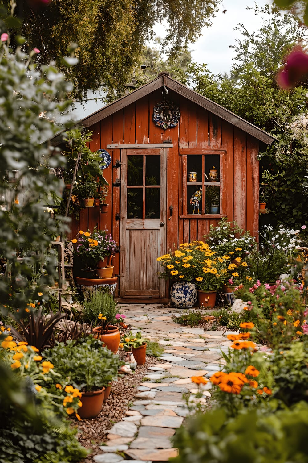 A quaint reclaimed wood shed painted in earthy terracotta hues is nestled in a bohemian-style garden. The garden is filled with a vibrant mix of wildflowers and hand-painted ceramic planters set against a stone mosaic pathway. The entire scene is bathed in the soft glow of morning light, illuminating the warm and artistic tones of the composition.