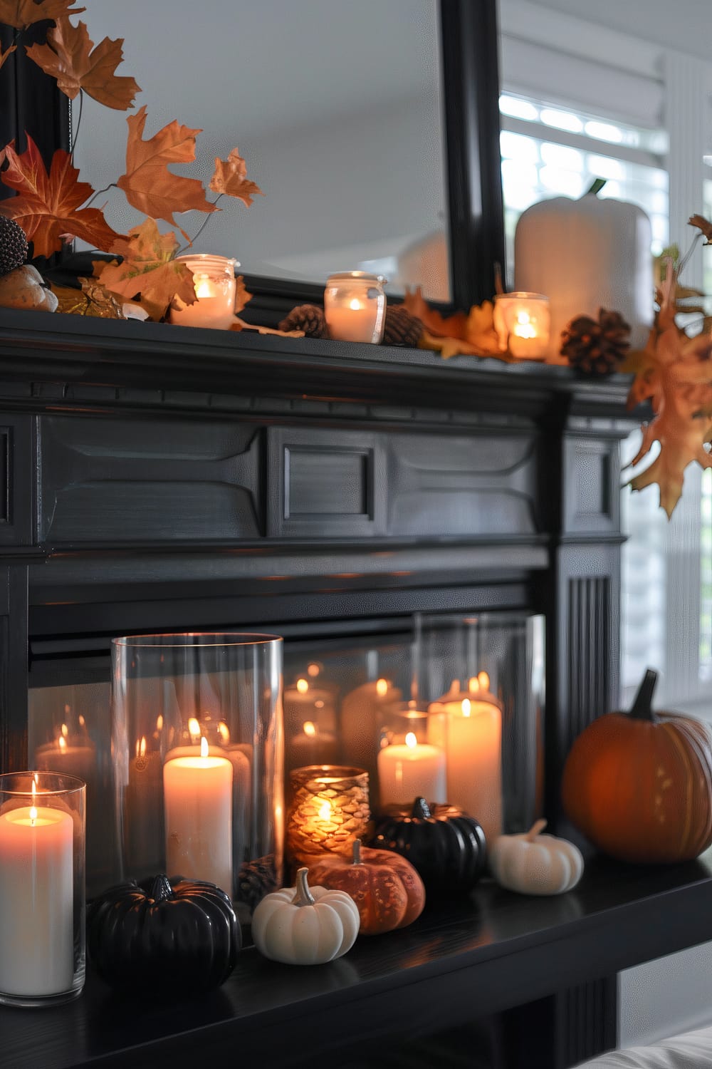 A black wooden fireplace mantel decorated in a fall theme with various candles, pinecones, and small pumpkins in black, white, and orange colors. Orange autumn leaves and pinecones are arranged along the top of the mantel. The candles are placed in glass holders of varying heights and sizes, some flickering warmly, casting a soft glow. A large white pumpkin is also placed on the mantel.