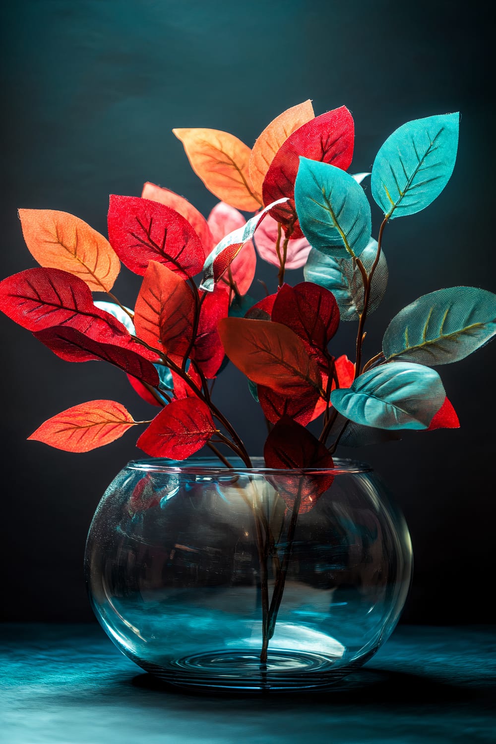 A clear glass bowl holds an arrangement of artificial leaves in vibrant crimson and teal colors, with the leaves overlapping and creating a visually striking pattern. The bowl is placed on a dark surface, with soft spotlighting illuminating the composition and highlighting the colors and textures of the leaves.