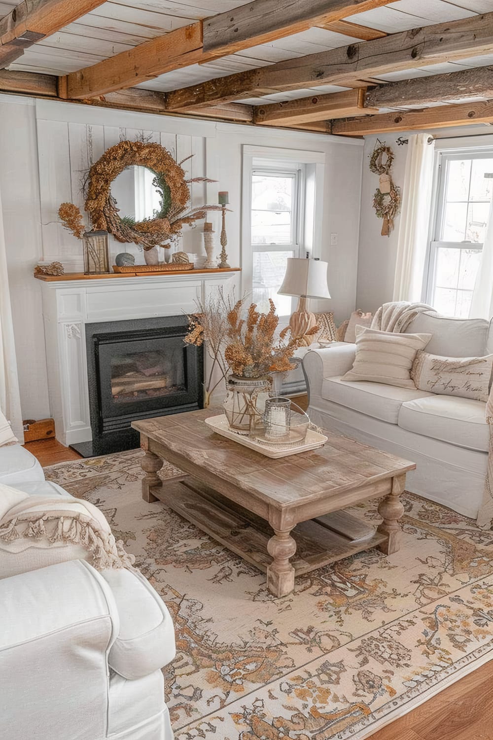 A rustic living room featuring a white color scheme with natural wooden accents. The focal point is a black fireplace against a white wall, crowned with a decorative mirror surrounded by a dried floral wreath. The room is furnished with white sofas adorned with patterned throw pillows, and a wooden coffee table draped with dried flower arrangements and candles. Exposed wooden beams on the ceiling and large windows with sheer curtains complete the decor, enhancing the cozy atmosphere.