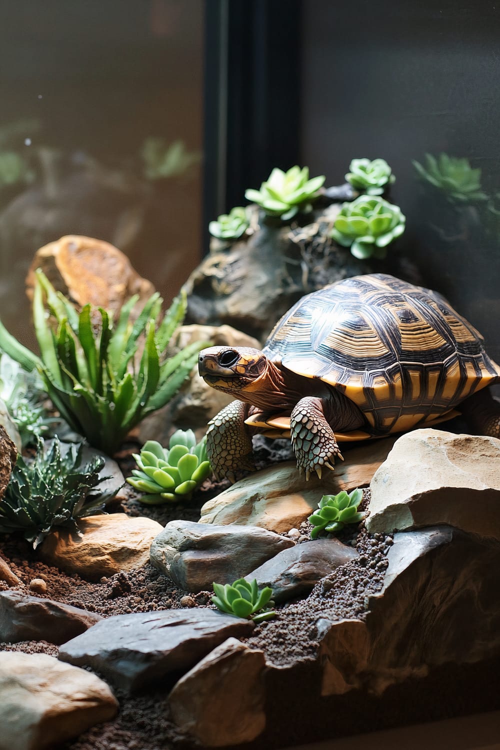 A turtle with a patterned shell is seen in a well-designed terrarium filled with rocks, soil, and various succulent plants. The terrarium's backdrop features larger rocks and more succulents, creating a naturalistic habitat for the turtle.