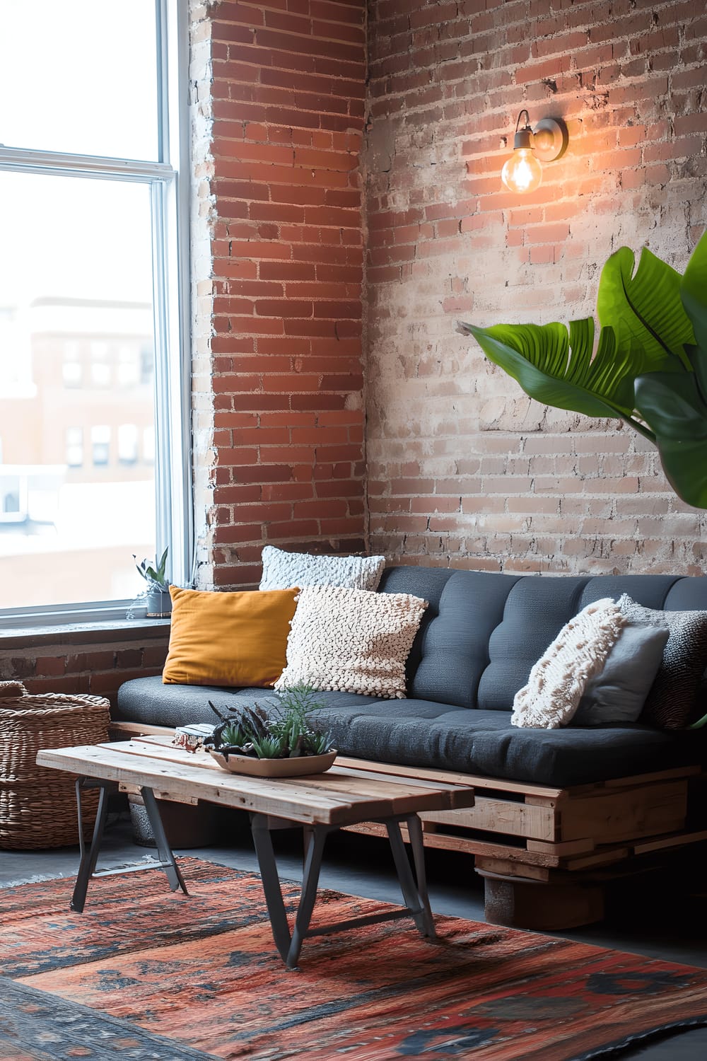 A stylish living room with rich characterization featuring a chunky wooden sofa crafted from repurposed pallets accented with metal legs, a rustic, reclaimed barn wood coffee table, and raw, exposed brick walls. Vintage Edison bulb lighting warms the space, and a robust Monstera deliciosa plant in a terracotta pot resides beside a sunlit window. Woven and metal home décor items further accentuate the room.