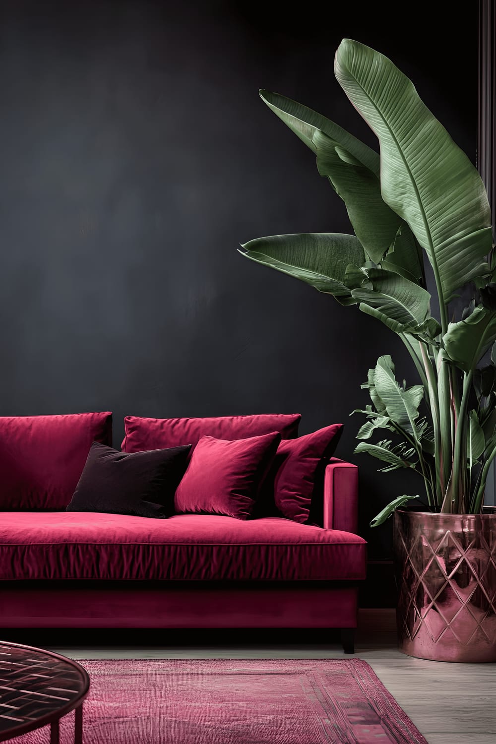 A minimalist living room interior, exhibiting a bold oxblood red velvet sofa against a matte charcoal wall. The room features a copper coffee table with complex geometric shapes etched on its surface, situated centrally. A Bird of Paradise plant stands tall in the corner, adding a dash of green to the rich color palette of the room. Natural light floods in from a window in the corner, enhancing the tones and textures of the room.