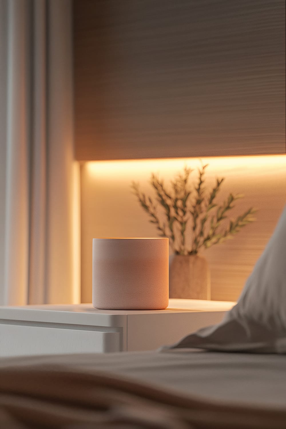 A modern bedroom with soft neutral tones, featuring a small blush pink ceramic holder on a minimalist white nightstand. The nightstand is positioned next to a bed with simple bedding in layered textures. Warm ambient lighting casts gentle shadows, highlighting a plant in the background and creating a cozy atmosphere.