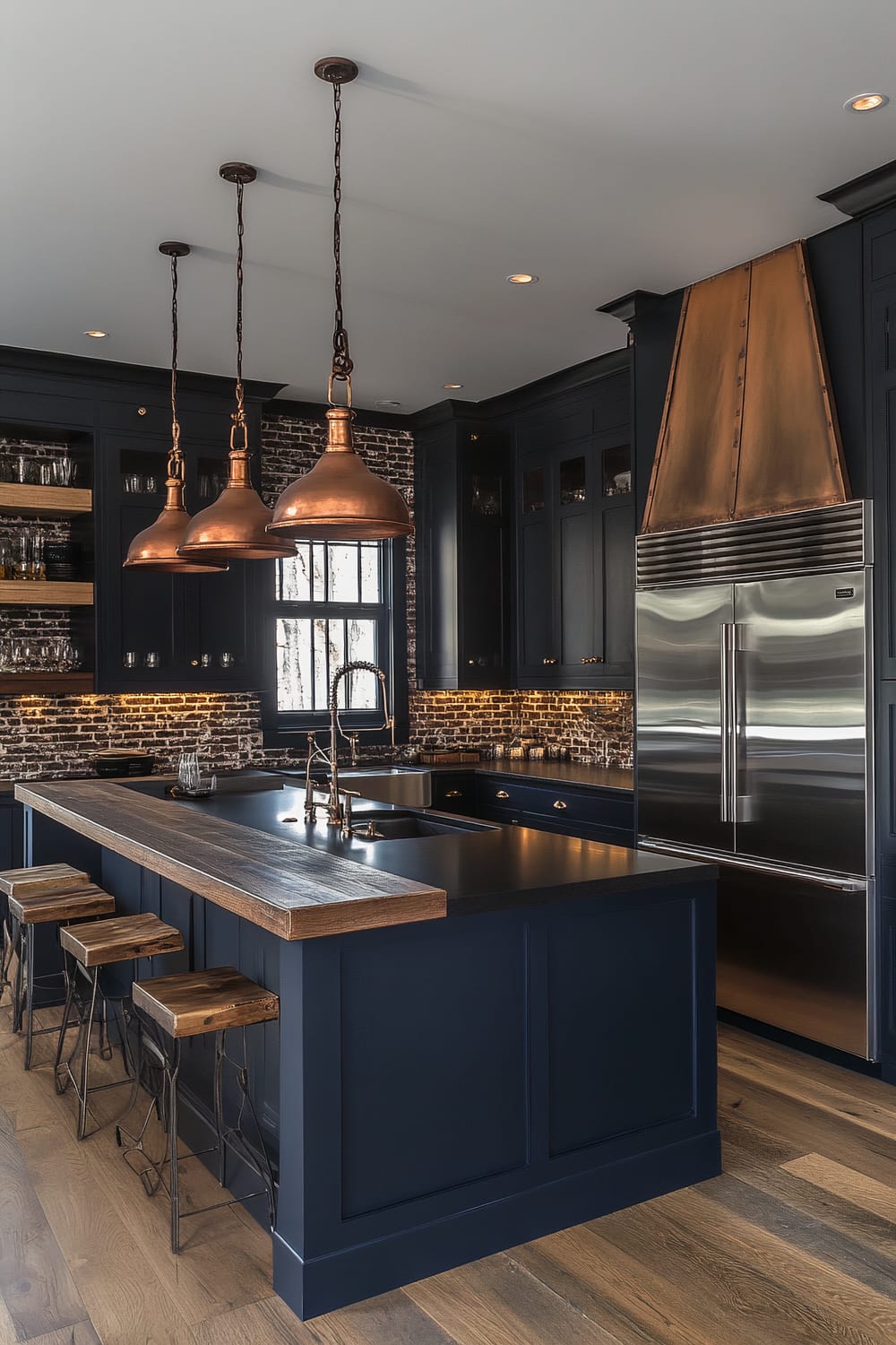 High-angle view of a moody farmhouse kitchen with deep navy blue cabinetry, matte black countertops, and copper pendant lights over a large island. Features stainless steel appliances, a rustic wooden shelf, reclaimed wood flooring, and exposed brick walls.