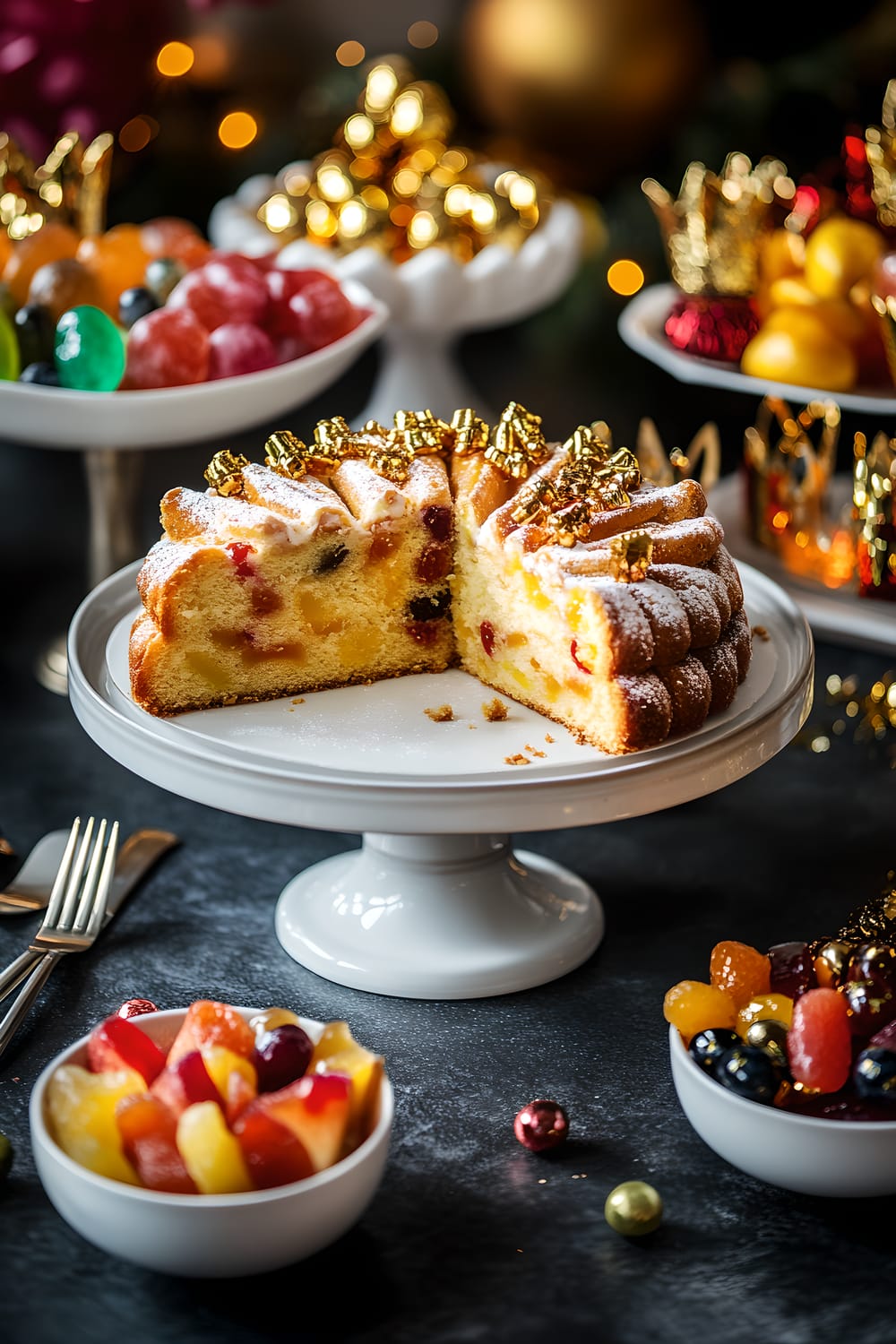 A New Year's Eve themed vintage hutch displaying a platter of 5 slices of Portuguese bolo rei (king cake) along with two small bowls of assorted candied fruits. Three silver dessert forks are placed near the platter. The entire arrangement is accentuated with ten scattered gold confetti pieces and two small decorative gold crowns on a dark slate surface.