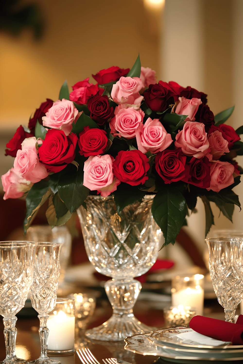 A sophisticated dining room setting featuring a round table meticulously set for two. The lavish bouquet of radiant red and pink roses forming the centerpiece is a stunning contrast to the clean, modern lines of the room. Candles scattered around the table enhance the romantic ambiance, their soft glow reflecting off the high-quality china, sparkling glassware, and polished silverware.