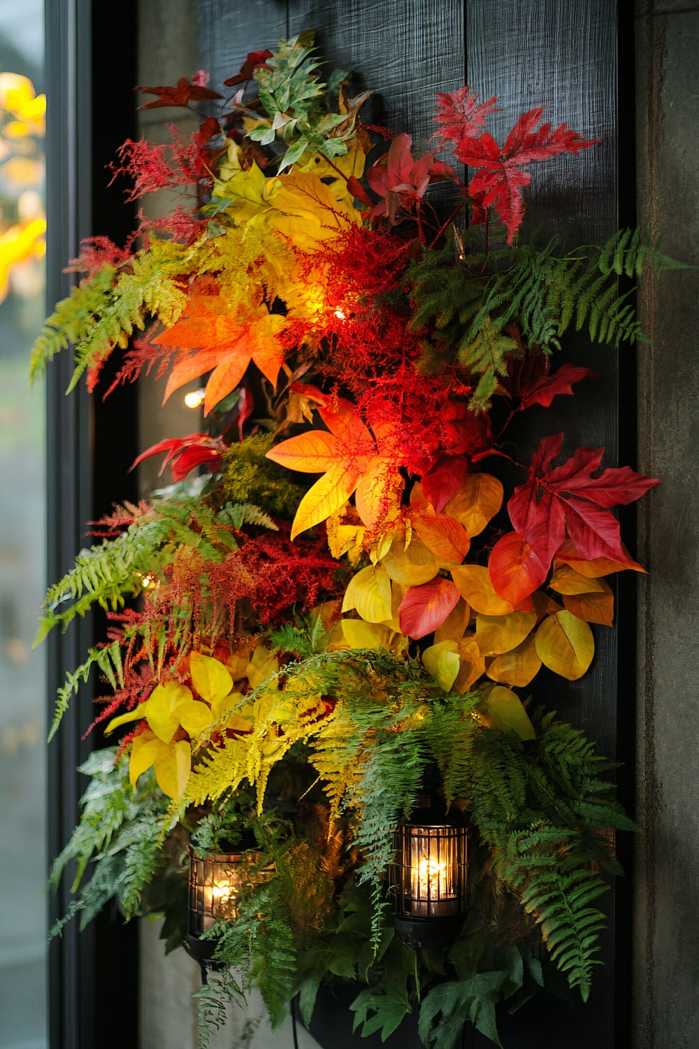 An arrangement of various autumn leaves and ferns is beautifully illuminated, with bright yellow, red, and orange hues. The greenery is interspersed with small, warm lights and two black cylindrical lanterns. The display is mounted on a dark wooden panel against a wall.