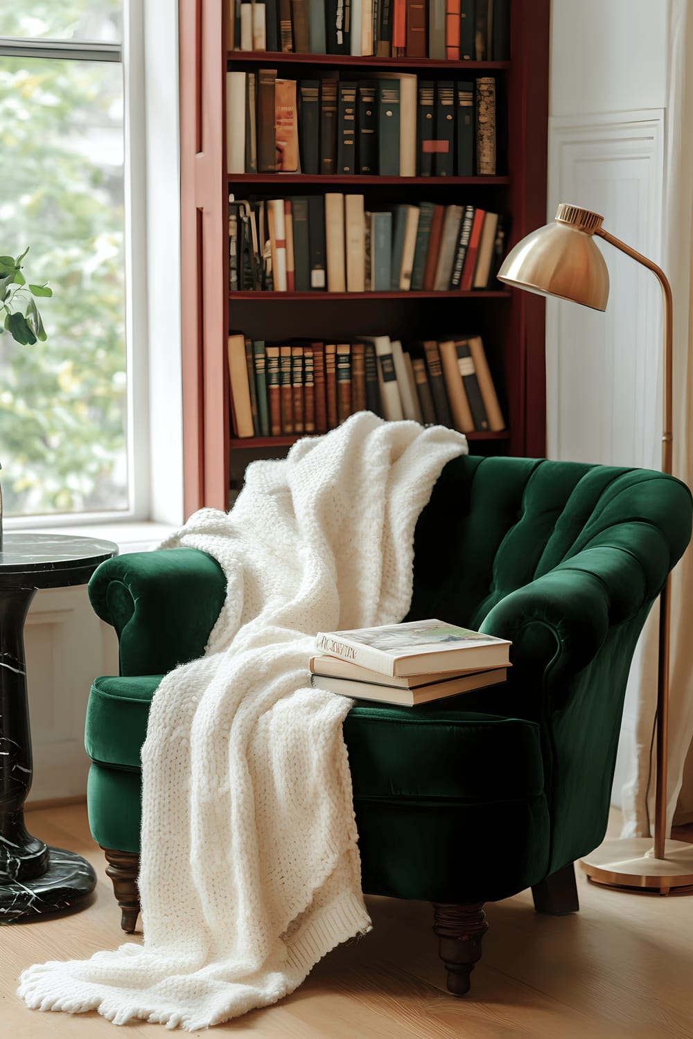 The image is a cozy reading corner, featuring a plush emerald green velvet armchair with a soft ivory blanket draped over it. A matte black marble side table holds a brass lamp with a warm luminescent glow. Behind the chair, a rich oxblood red vintage wood bookshelf is filled with a selection of books. Soft natural light is seen streaming through a nearby window, creating an inviting atmosphere.