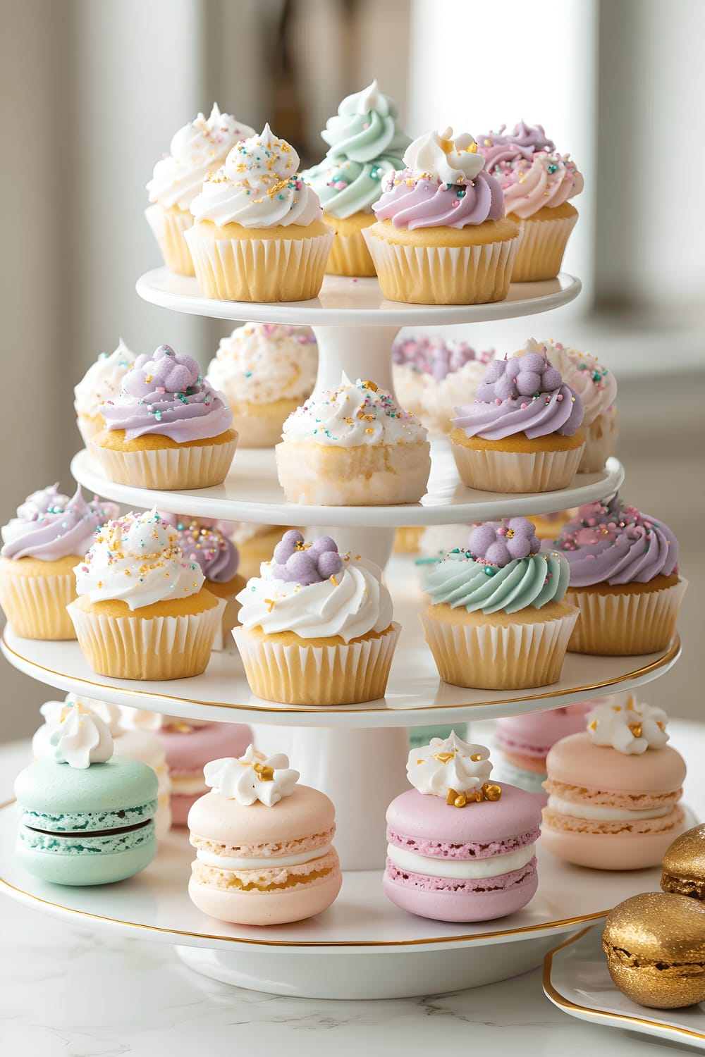 A three-tiered stand filled with colorful cupcakes, macarons, and cookies in pastel hues, carefully arranged and highlighted by the intricate decorations like edible glitter, sprinkles, and floral designs. The stand sits on a white marble countertop with a gold-trimmed base.