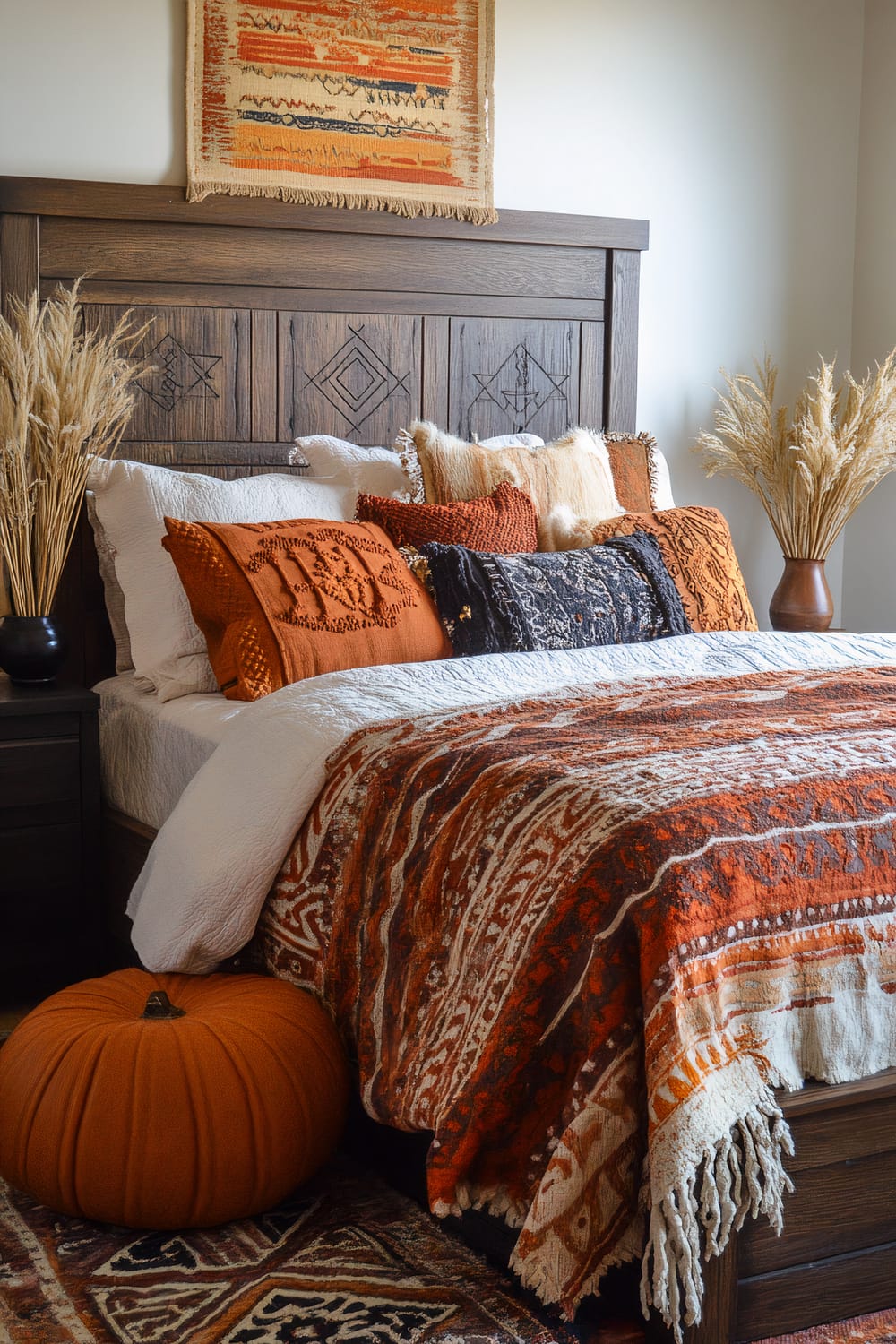 Bedroom styled with warm colors featuring a wooden headboard, an array of throw pillows in orange and beige tones, a patterned blanket atop a white comforter, and decorative elements such as tall vases with dried grasses and a large wicker sphere. An orange textile wall hanging is centered above the headboard.