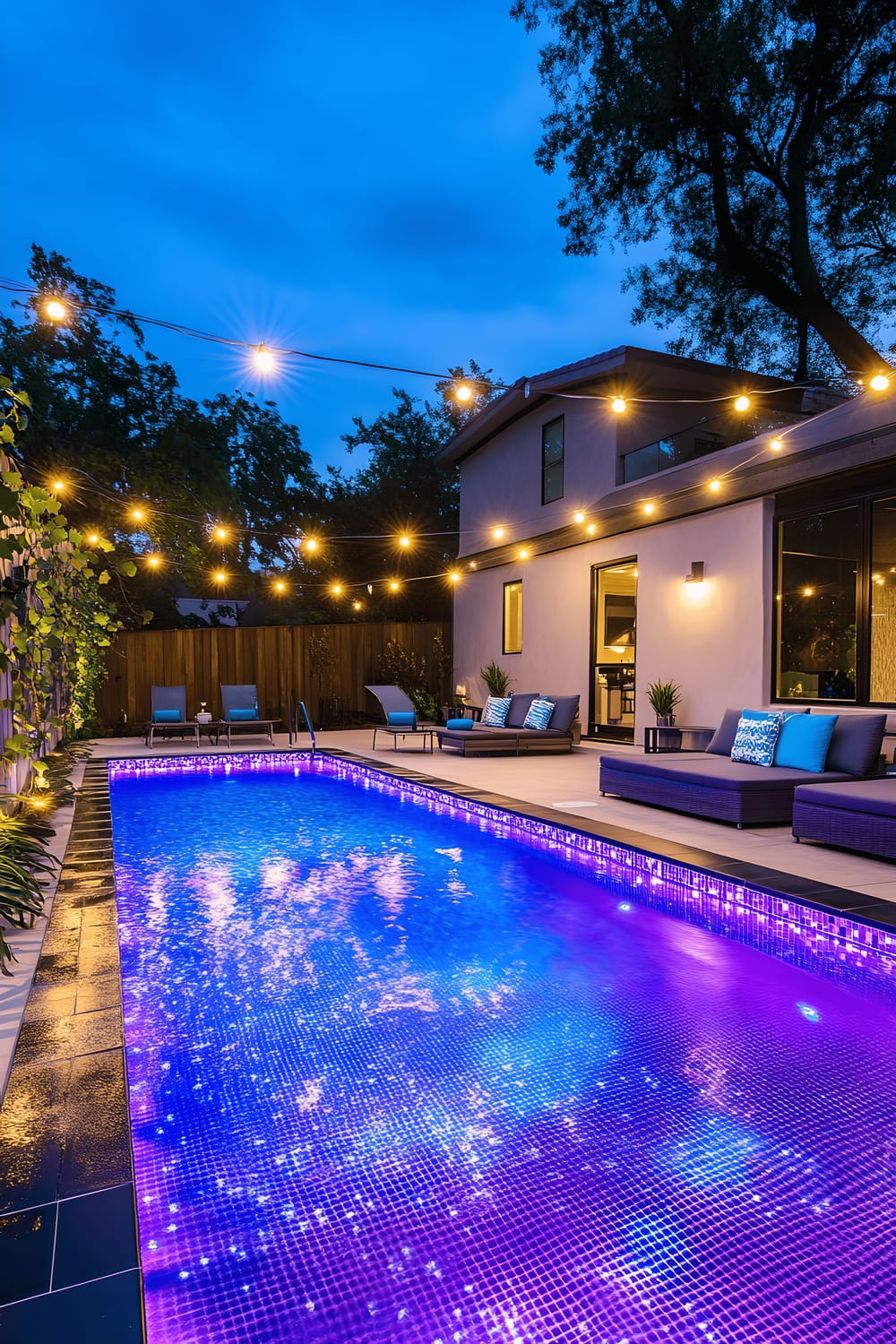 A modern swimming pool at night time is lit up by bright purple and blue hues from LED lights. The pool features sleek black tile edges and is lined with minimalist, contemporary outdoor furniture in dark grey and electric blue. Above the pool area, ambient fairy lights are strung elegantly, creating a soft and lively atmosphere against the dark sky. The scene is embraced by mature trees and lush greenery, providing a natural and serene backdrop, while casting gentle shadows over the area.