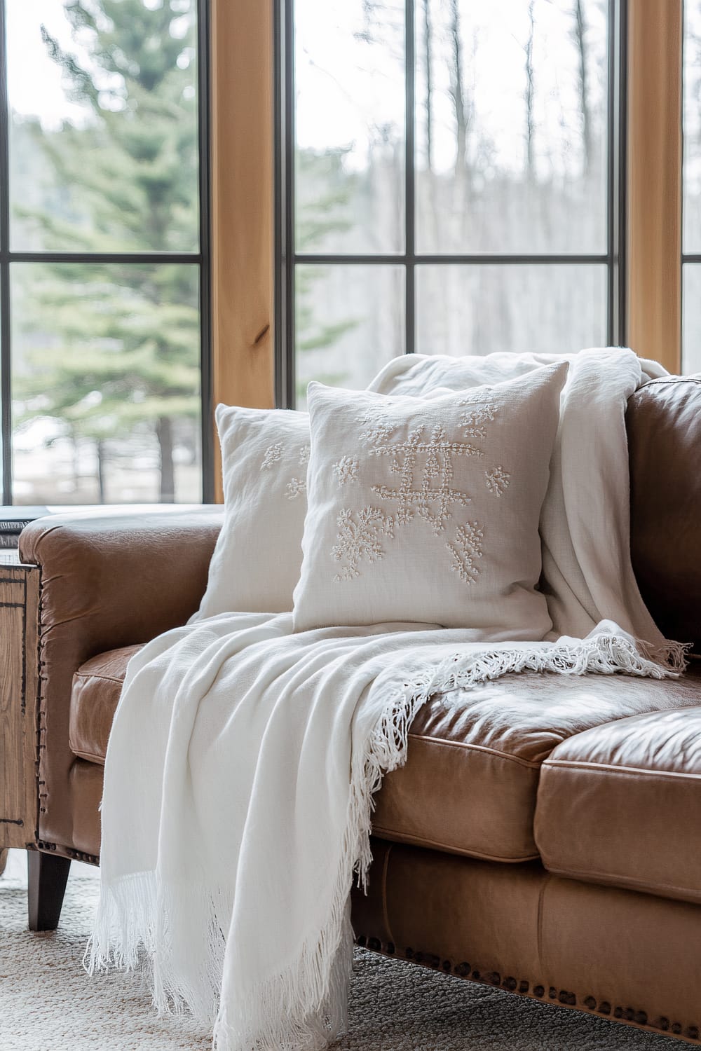 An image of a rustic leather sofa in a modern farmhouse living room. The sofa features two embroidered white linen pillows and a matching white linen throw with fringe detailing, elegantly draped over the armrest. The room is illuminated by natural light coming through large windows in the background, showcasing a view of trees and enhancing the cozy and inviting atmosphere.