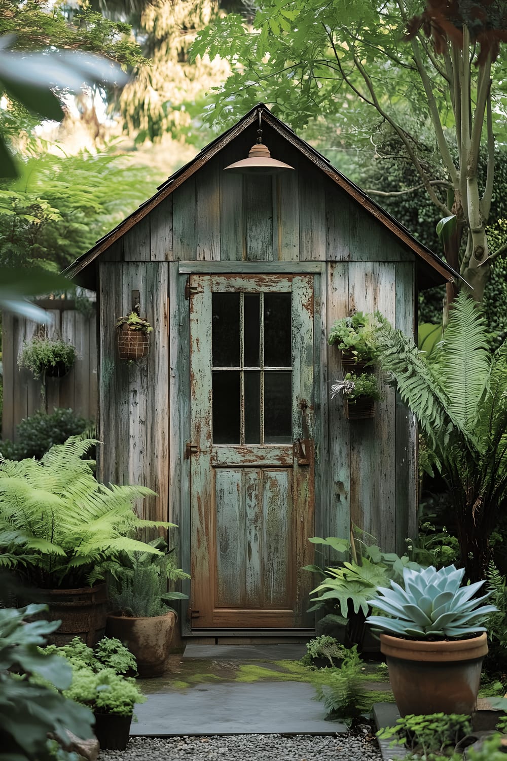 A quaint vintage industrial-style garden shed with a distressed metal finish surrounded by potted large ferns and modern succulents. The flourishing botanical setup includes a solitary, strategically positioned water feature. The scene is captured in the soft, contrasting light of late afternoon.