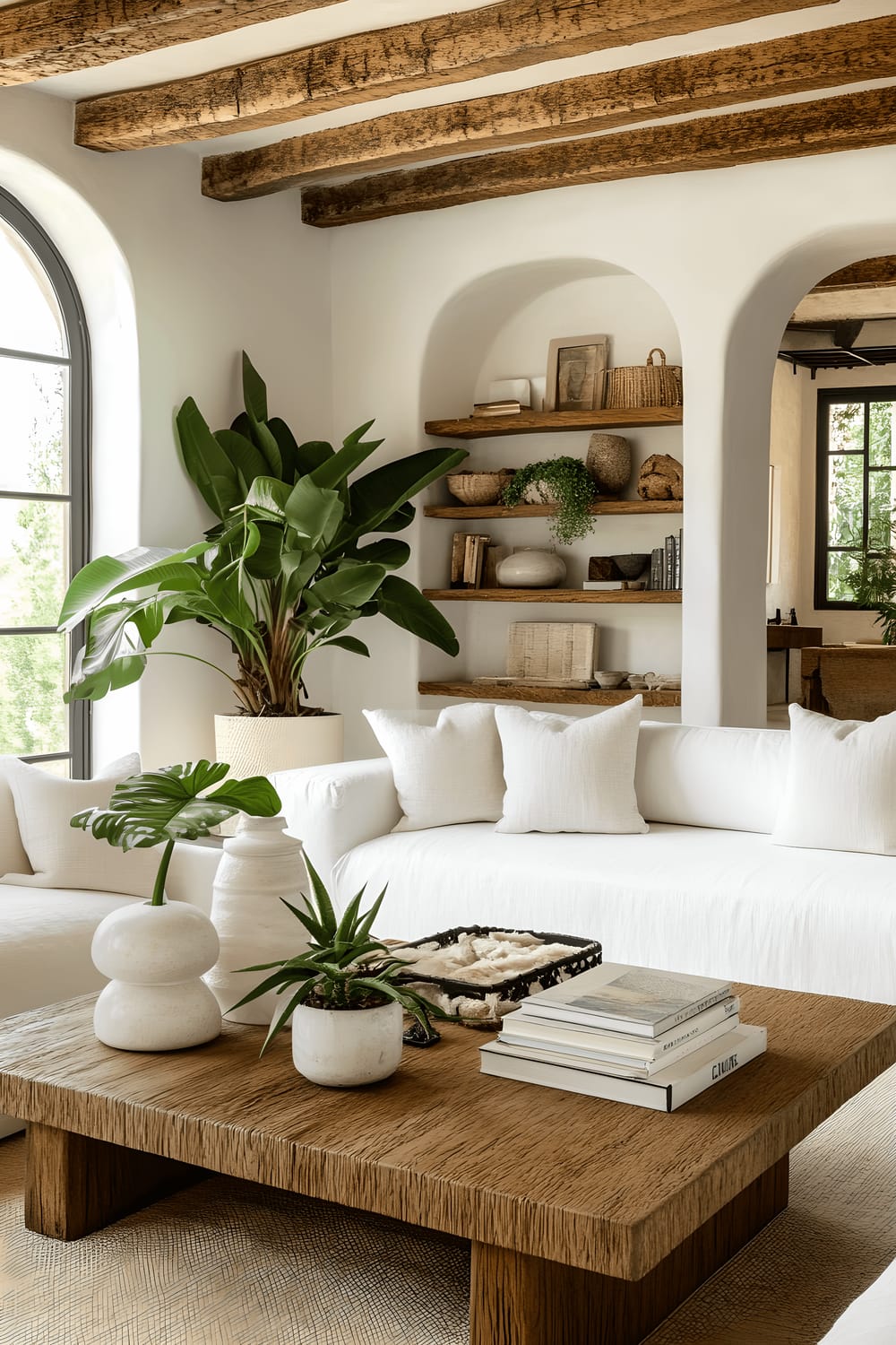 The image is of a bright and airy farmhouse styled living room with a contemporary touch. The room features a white slipcovered sofa, a sleek wooden coffee table, and open shelving with a well-curated arrangement of decor items. Various plants, including a monstera and snake plants, are placed around the room adding a lively element to the scene. The room uses a palette of soft neutral colors with accents in muted blues. Natural light floods in from large windows supplemented by stylish lamps.