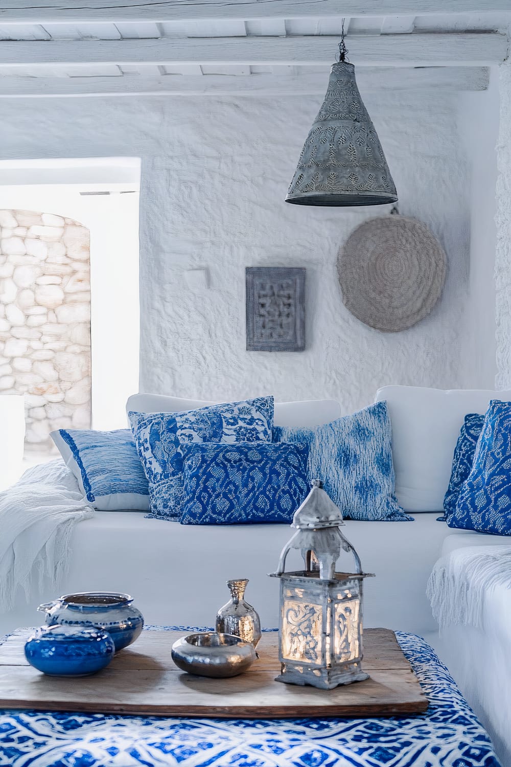 A serene living space featuring a white sectional sofa adorned with various patterned blue pillows. A rustic wooden coffee table sits in front with a metallic lantern and decorative bowls. The backdrop includes a whitewashed stone wall with decor items including a woven wall hanging and wrought iron art piece.