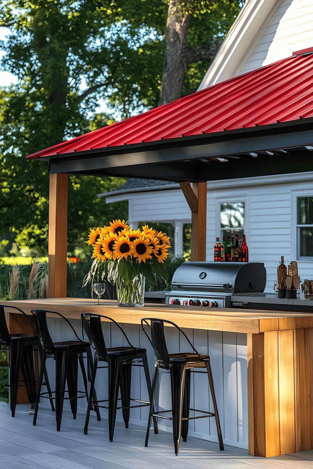 A photo showing a verdant backyard with a cozy hangout area that features a wooden gazebo with a dark red metal roof. Inside the gazebo, there's a built-in bar setup surrounding a grill, complete with counter seating for guests on sleek black barstools. A vase with vibrant sunflowers and casual dining essentials garnish the counter space. The back of a white wooden deck house serves as a background.