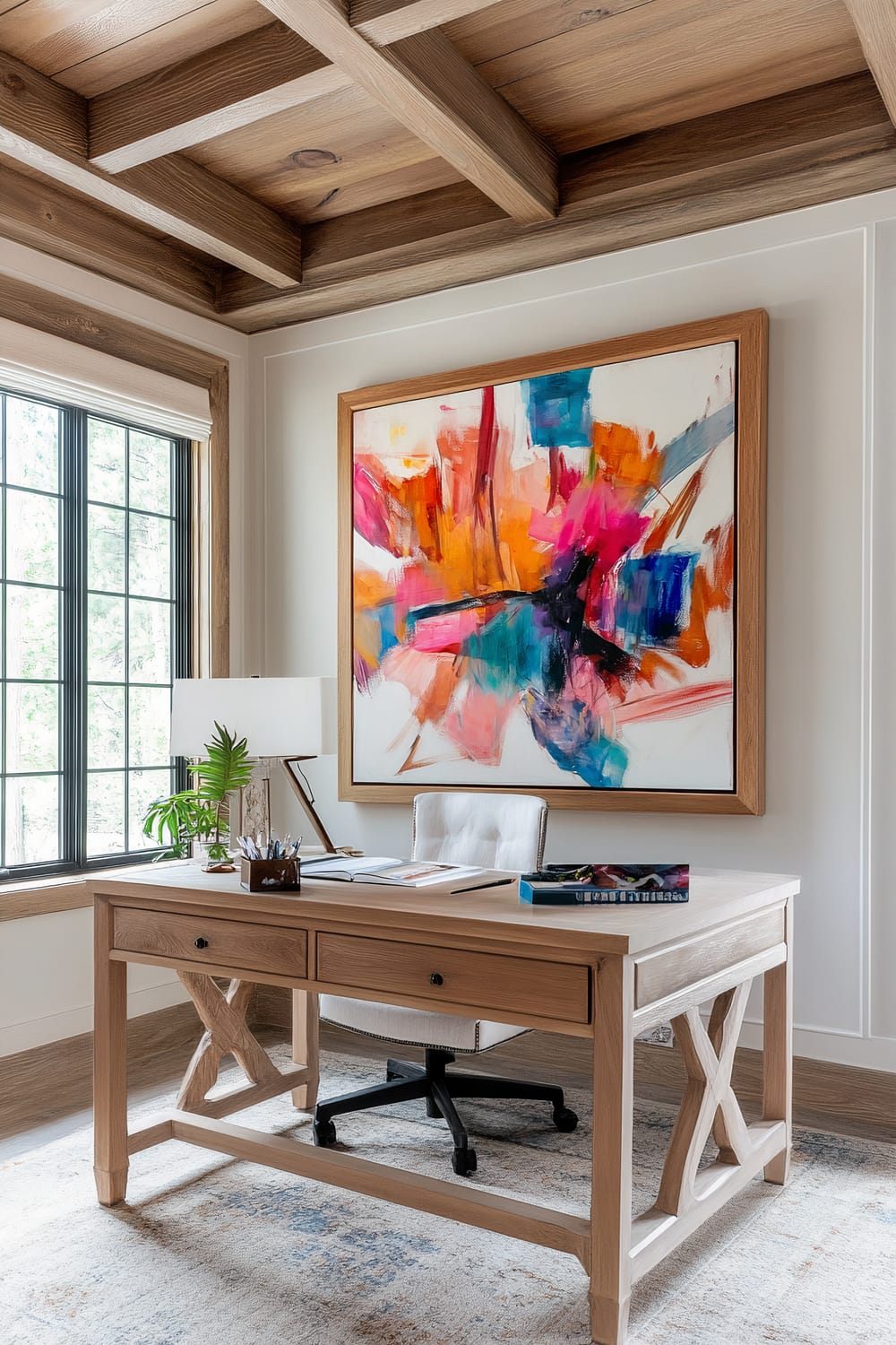 A stylish home office featuring a wooden desk with an office chair, situated under a coffered ceiling made from natural wood beams. The desk is adorned with a table lamp, a small plant, and stationery items. A large, vibrant abstract painting with bold colors like orange, pink, blue, and black hangs on the wall behind the desk. Light streams in from a sizable window with black-framed panes on the left.