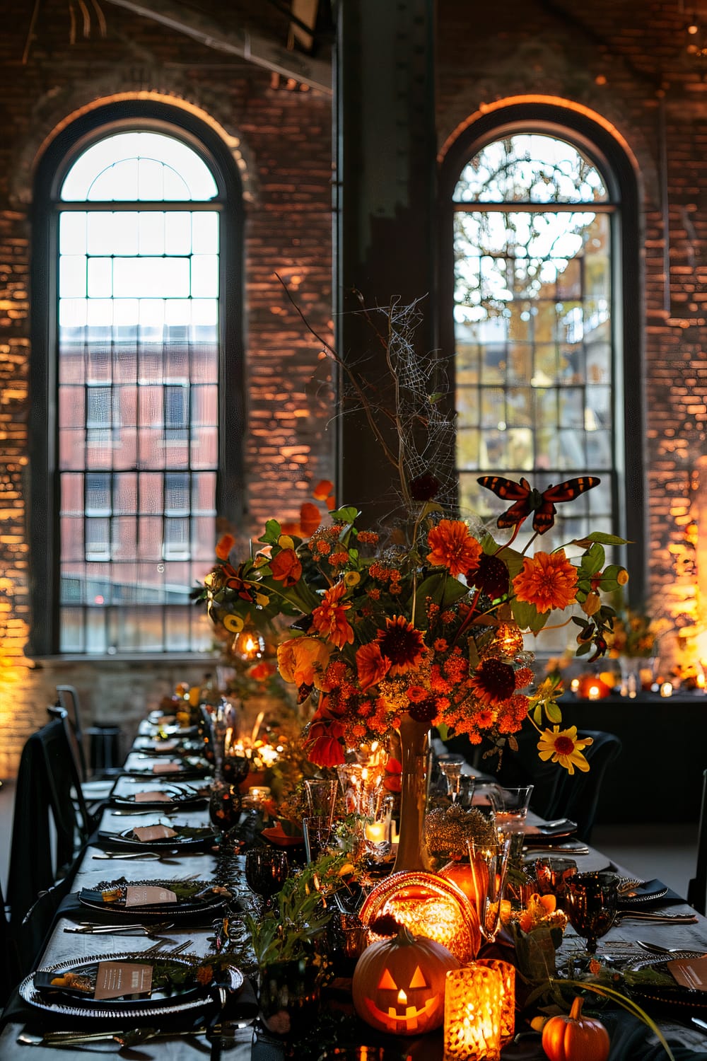 A Halloween-themed dining table set up in an industrial-style space with tall, arched windows and exposed brick walls. The table features a vibrant floral centerpiece with orange and red flowers, illuminated by soft, warm lighting. Decorative items include pumpkins, including a carved jack-o'-lantern, and various lanterns, creating an ambient glow. The table settings are elegant, with dark plates and silverware arranged neatly.