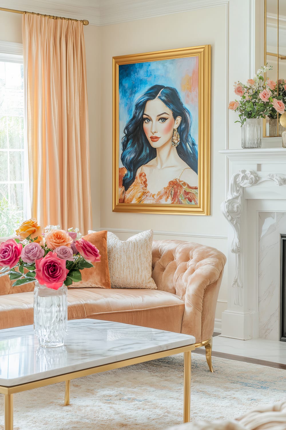 A living room with a soft peach tufted velvet sofa, gold accents, and a large colorful painting of a woman in blue, red, and orange tones hanging above a white marble fireplace. A marble-topped coffee table with gold legs stands on a cream-colored rug, and fresh roses in a vase sit on the table. Peach curtains frame a bright window and the walls are cream-colored.