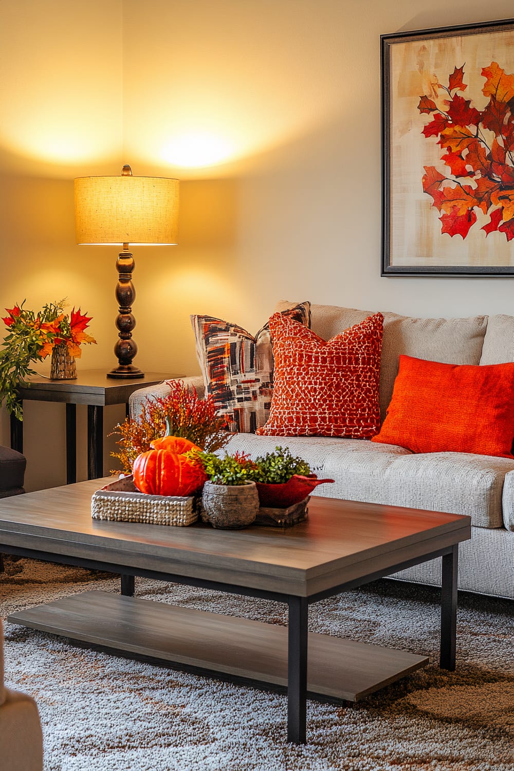 A modern living room with a gray upholstered sofa adorned with orange and patterned pillows. In front of the sofa is a wooden coffee table decorated with fall-themed items, including a small pumpkin and greenery in textured containers. A side table with a wooden lamp and a vase holding red and yellow leaves stands next to the sofa. Above the sofa is a framed art piece featuring red and orange leaves. The lighting emphasizes the warm tones of the room.