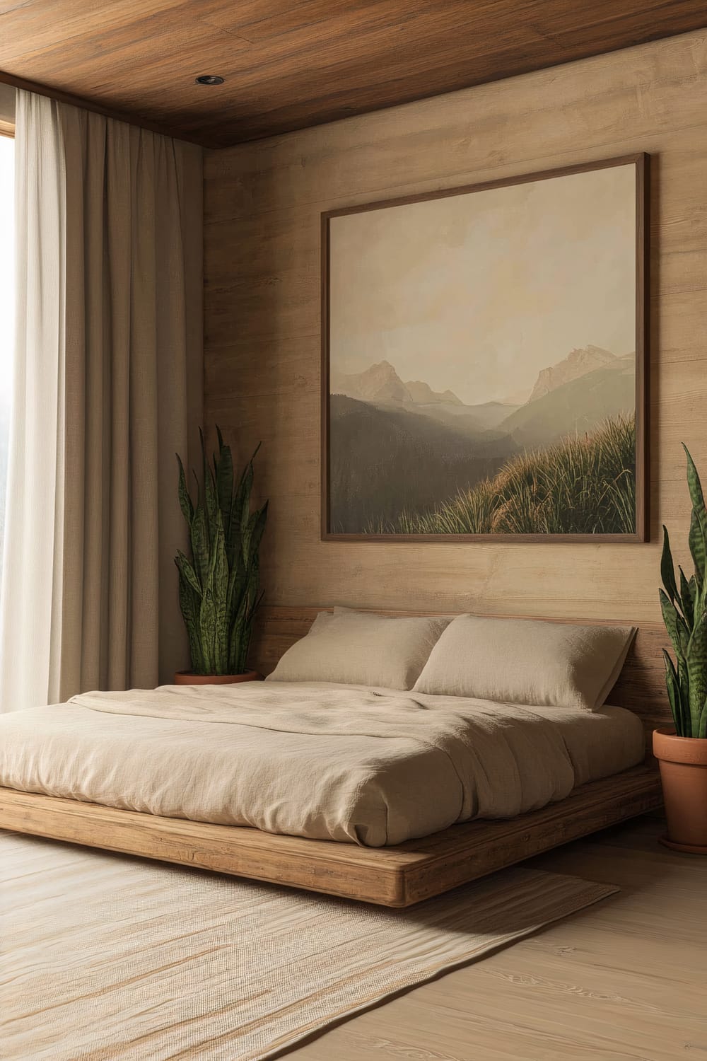 A rustic minimalist bedroom with a wooden platform bed dressed in beige linens. The room features two potted snake plants in terracotta pots on either side of the bed. Light wood walls are adorned with a large nature-inspired artwork. Natural daylight flows in from a nearby window with beige drapes. The bird’s eye view enhances the earthy aesthetic of the space.