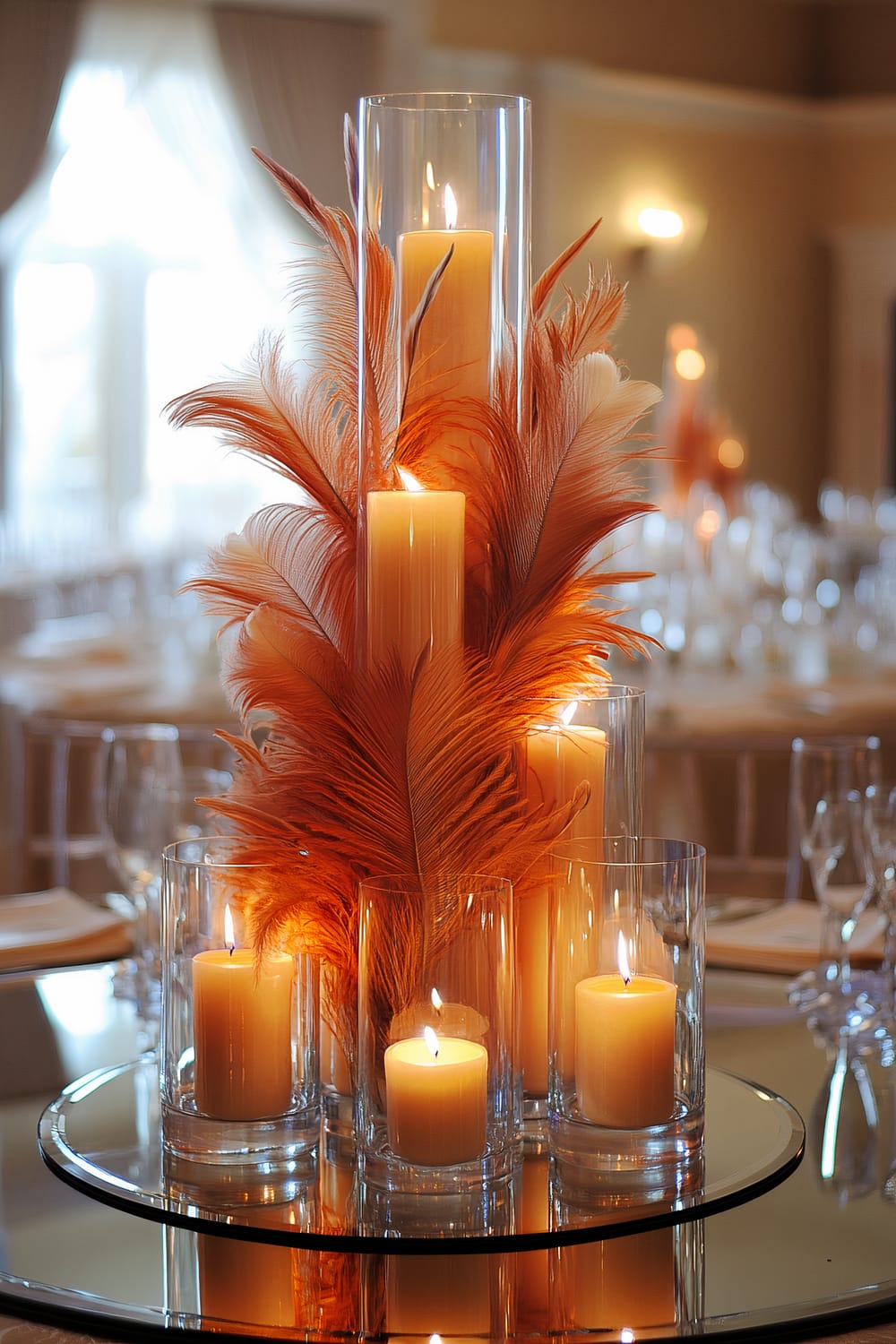 Tall, slender candles arranged vertically with interspersed autumn-colored feathers, placed on a mirrored base. The surrounding ambient lighting creates a graceful and towering centerpiece within an elegant dining setting.