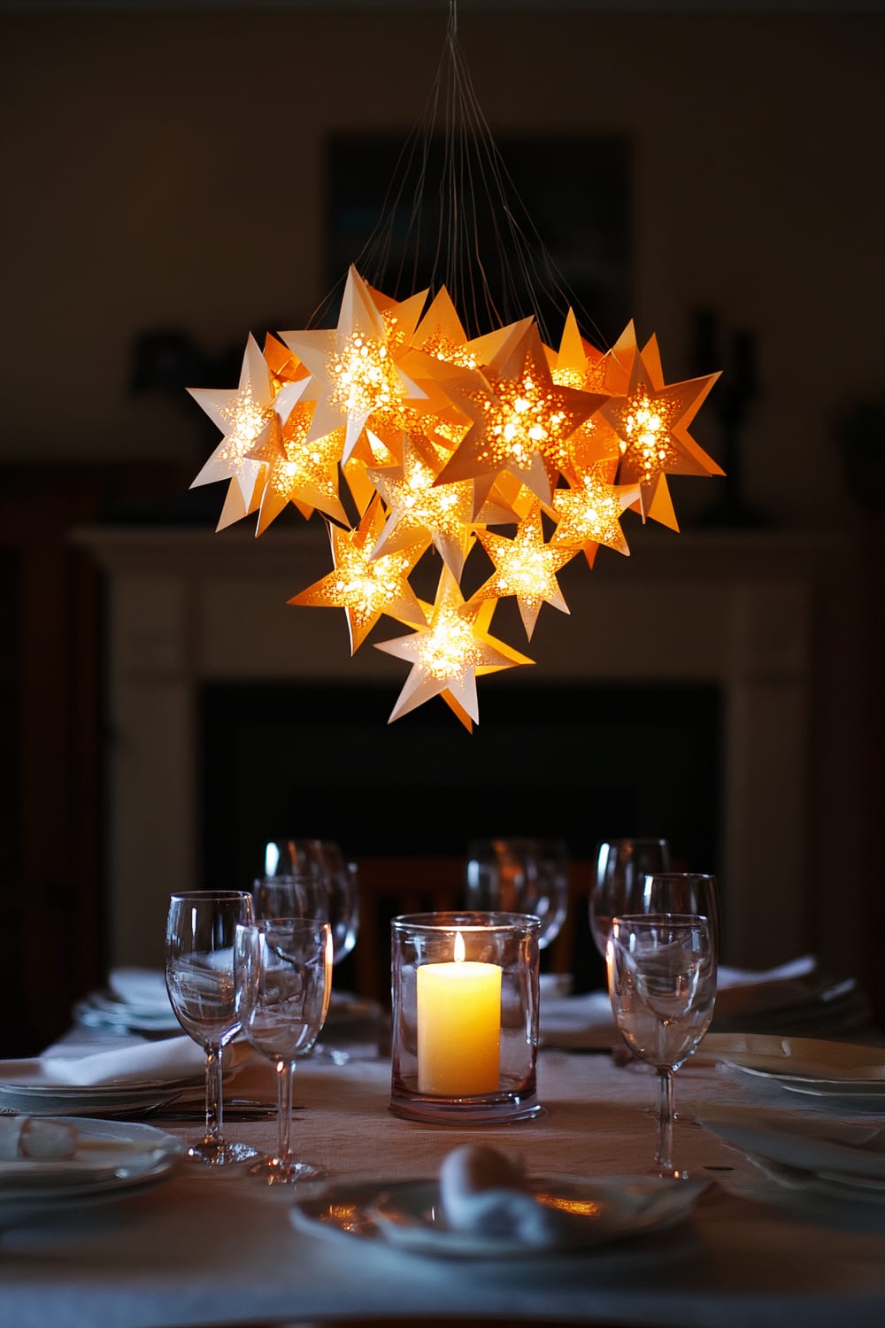 An intimate dining table setting features a central candle holder surrounded by tableware and glasses. Above the table hangs a cluster of delicate paper stars with lights inside, creating a warm, celestial glow and casting starry shadows.