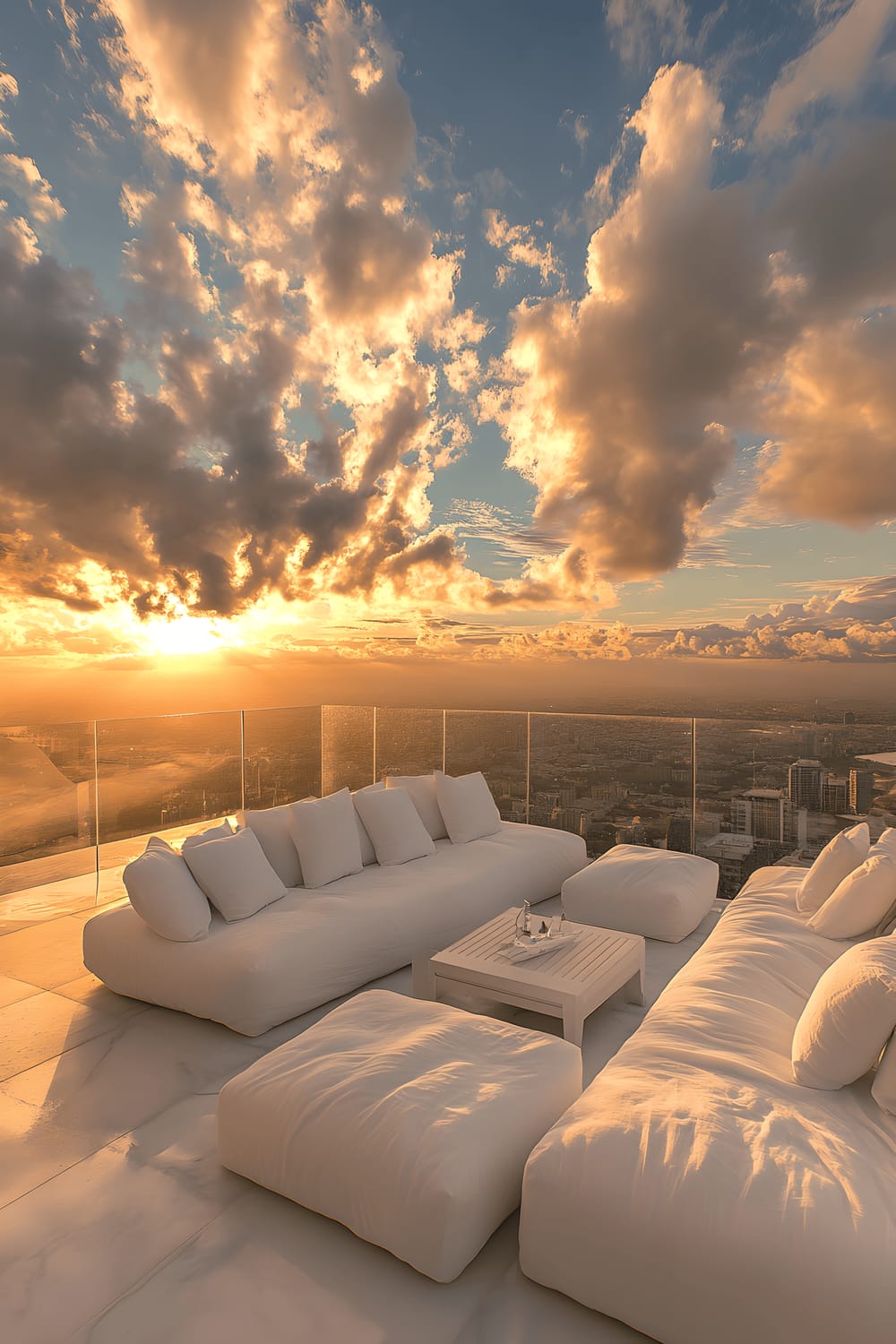 A serene rooftop patio with white furniture covered in flowing linens against a backdrop of fluffy clouds and twilight sky. The patio is surrounded by clear glass railings that give a feeling of continuity with the sky. The scene is bathed in the warm, golden light of the setting sun.