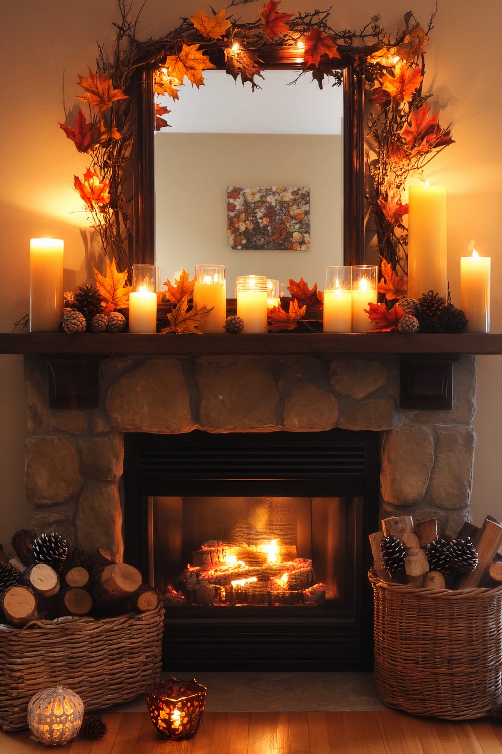 A warmly lit fireplace is adorned for autumn, with a stone facade and wooden mantel. The mantel is decorated with candles, autumn leaves, pine cones, and branches. There are large, lit candles and smaller, unlit ones among the decorations. Two wicker baskets filled with pine cones and firewood are placed on either side of the fireplace. The reflection in the mirror above the mantel shows a painting on the opposite wall.