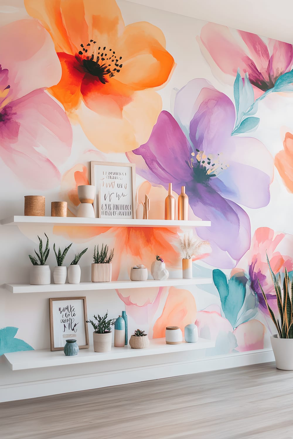 A spacious living room with a vibrant floral wall mural in bold shades of pink, purple, and orange, juxtaposed against a soft pastel base. Minimalist white shelves on either side of the mural display ceramic vases, framed quotes about friendship, and small potted plants. An abundance of natural light seeping in highlights the intricate details and colors of the mural.