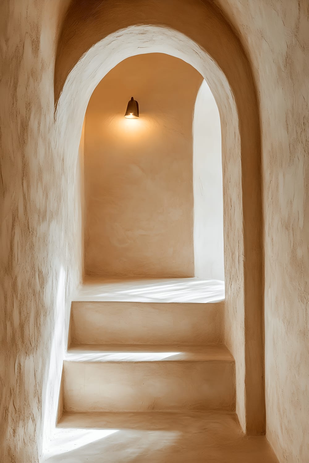 A handmade arched doorway with a smooth plaster texture in neutral sand tones, and soft indirect lighting creating an elegant Mediterranean-inspired entryway.