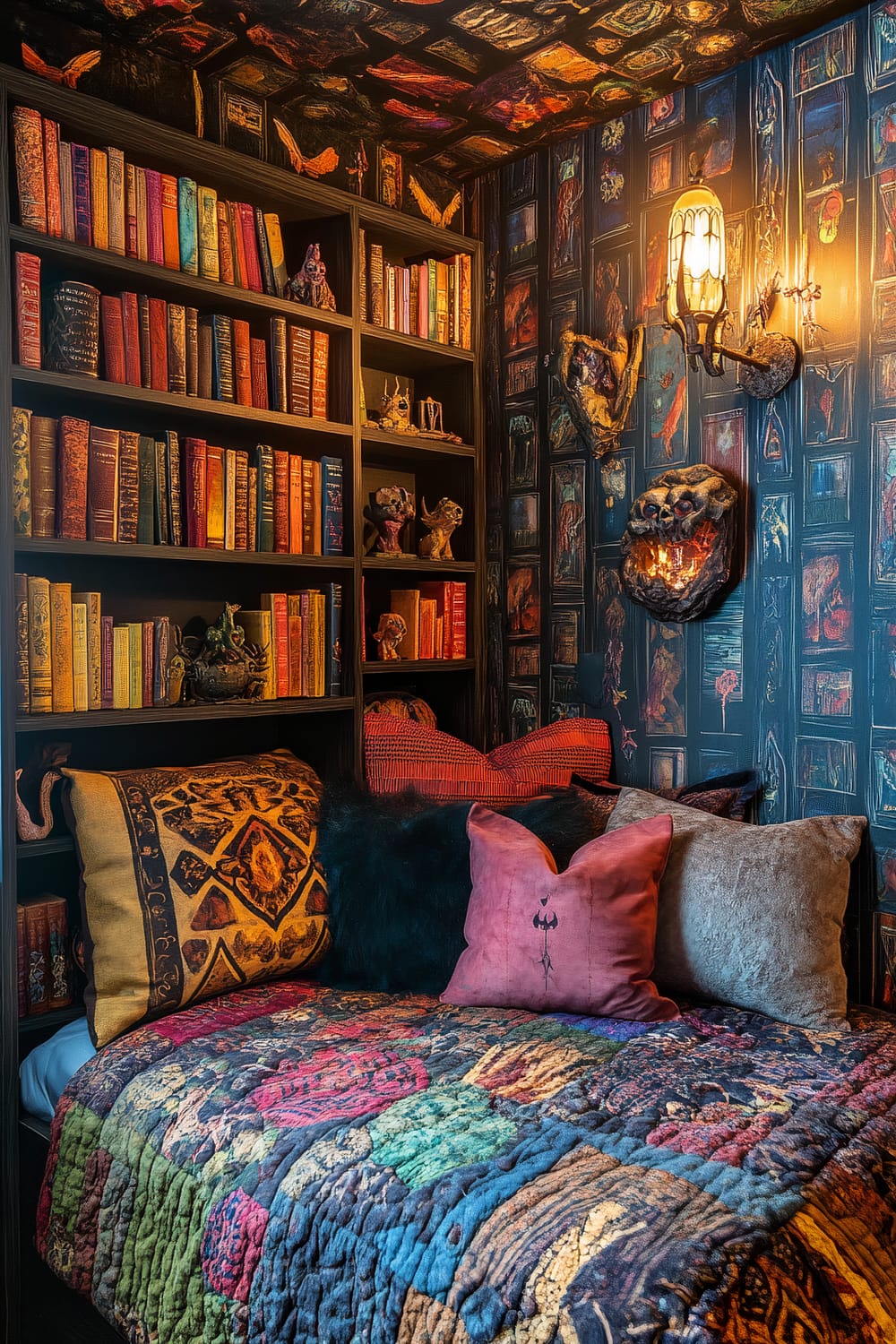 An eclectic room with a bookcase filled with colorful books and small decorative items. A bed with a vibrant patchwork quilt is adorned with a variety of pillows, including ones with intricate patterns and textured fabrics. The walls and ceiling are covered in dark, artistic wallpaper, and unique wall-mounted lights add a cozy glow.