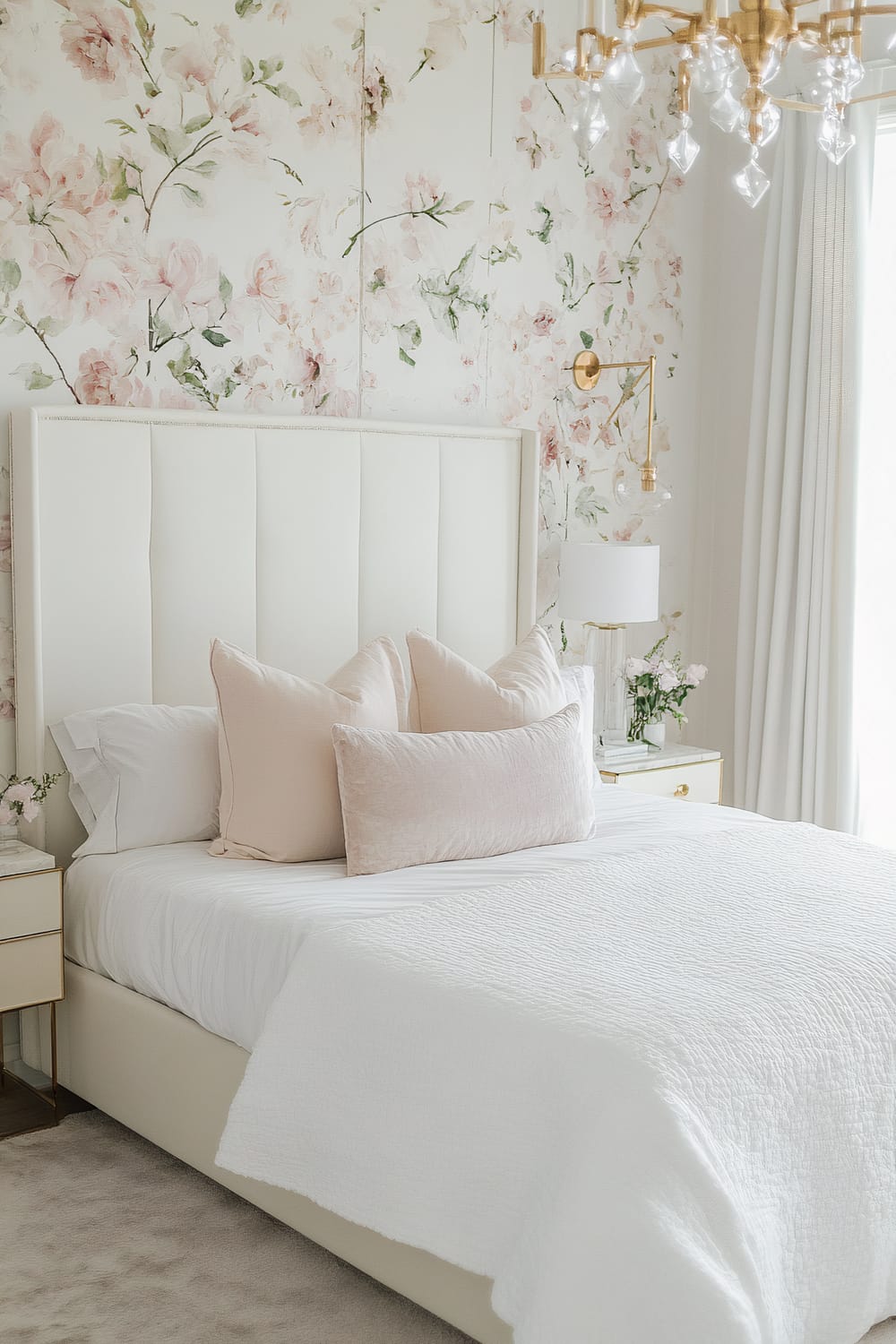 A bedroom with a white tufted headboard and bed dressed in white linens and soft pastel pink pillows. The room features a floral wallpaper with pink blossoms and green leaves. A bedside table next to the headboard holds a white lamp and a small vase of flowers. A gold chandelier with crystal pendants hangs from the ceiling, complementing the light and airy ambiance.