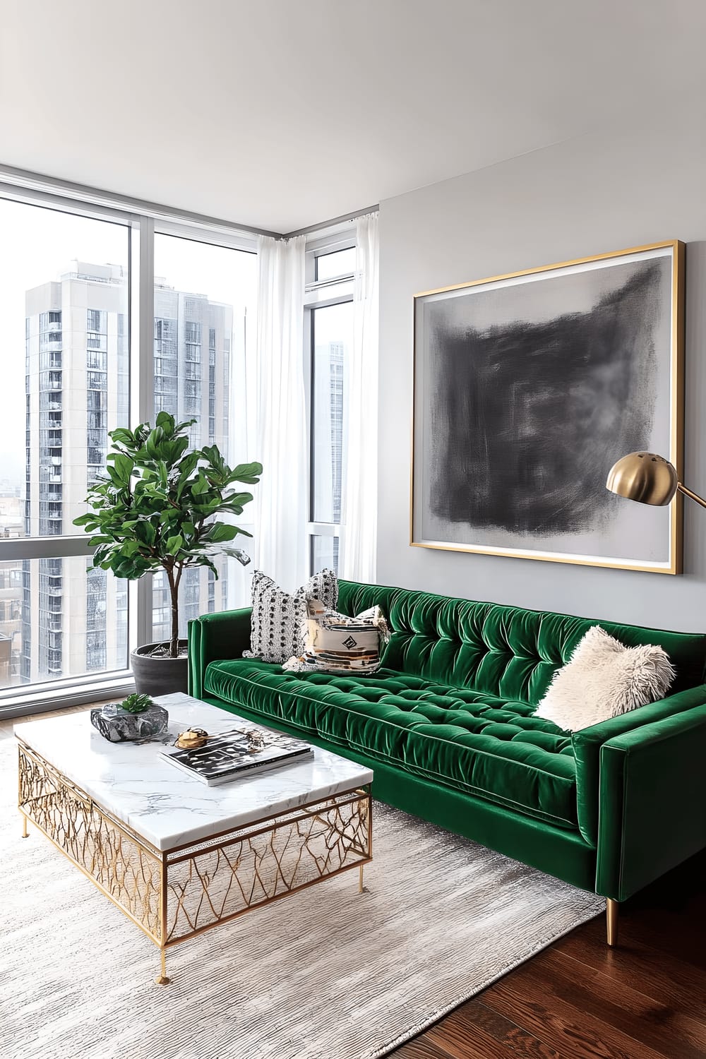 A spacious Milanese living room bathed in natural light from large, sheer curtained windows. The centerpiece of the room is an emerald green velvet sofa, backed by a large abstract charcoal artwork on soft grey walls. In front of the sofa sits a sleek marble coffee table with gold accents and a geometric brass floor lamp nearby. The room is warmed by hardwood floors and a hint of greenery from a tall fiddle leaf fig in a matte black planter.