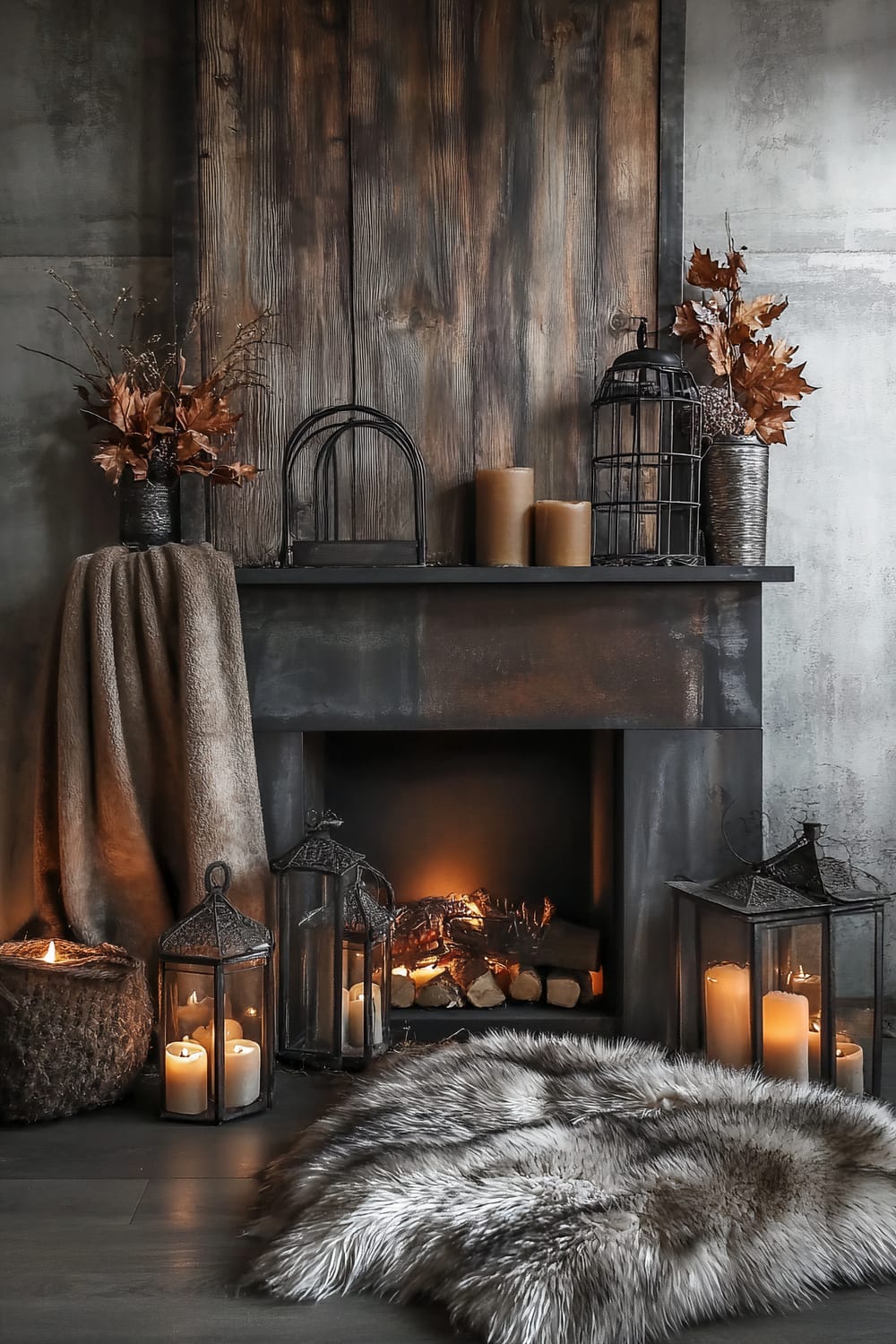 A cozy scene of a fireplace surrounded by rustic decor. The fireplace is framed with dark, aged wood and topped with a mix of dark metal accessories and autumnal floral arrangements. Multiple candles in lanterns of varying sizes are placed around, casting a warm, ambient light. A soft, textured grey throw and a grey fur rug add to the warmth.