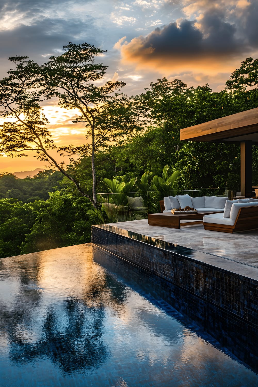 An exquisite view of an infinity pool with dark blue tiles, merging flawlessly into a background of lush greenery. At one side of the pool, there's a wooden lounge area furnished with plush white cushions and a glass coffee table. This mesmerizing scene is captured at sunset, the reflective pool water mirroring the soft, warm hues of the setting sun.