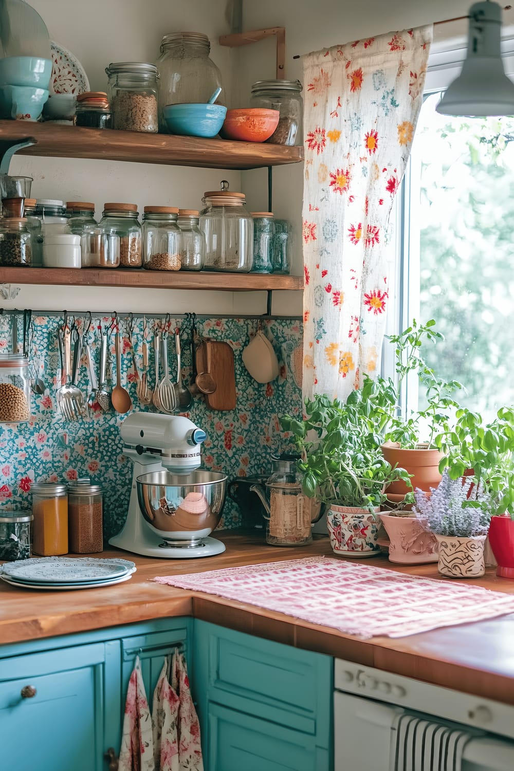 A vibrant kitchen styled in the Boho Chic decor with open shelving painted in pastel colors. The shelves are filled with an array of vintage glassware, patterned ceramic plates, and handmade textiles. A reclaimed wooden countertop showcases a vintage stand mixer, a collection of glass spice jars, and a handwoven table runner. A big window with layers of smooth curtains provides a flood of natural light, highlighting the rich patterns and textures. Potted plants and hanging macramé planters provide a touch of nature to the space. Antique and modern lighting fixtures, including a mid-century pendant lamp, give a warm and inviting illumination to the kitchen.