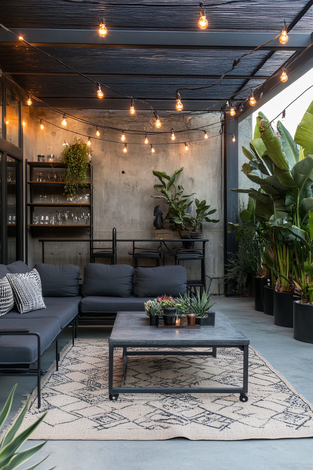 An outdoor patio with a black metal-framed sofa set adorned with dark grey cushions and patterned throw pillows. A black metal coffee table in the center displays a collection of small succulent plants. A beige and black patterned rug anchors the seating area. String lights hang overhead, casting a warm glow, and various potted plants, including large leafy ones, decorate the space. A bar with a few stools and shelves holding glassware is seen in the background against a concrete wall.