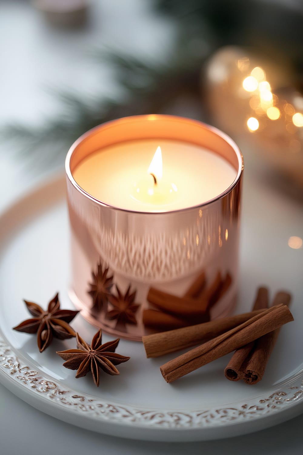 A copper-finished candle is lit and surrounded by cinnamon sticks and star anise on a simple white plate. The scene is illuminated by golden-hour lighting, highlighting the warm metallic tones of the candle.