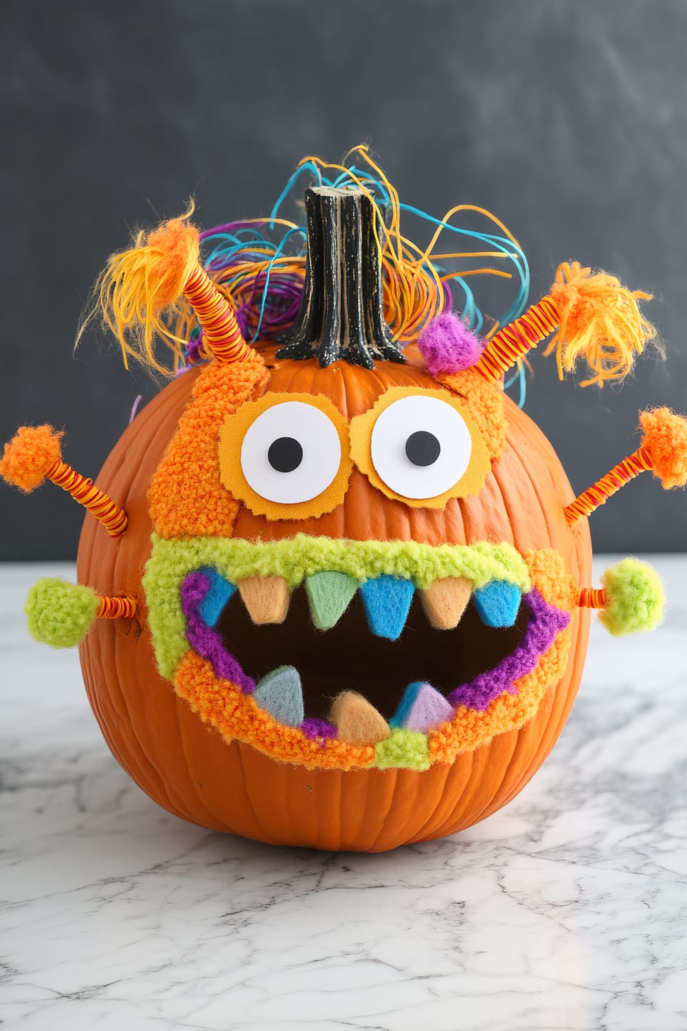 A pumpkin decorated to look like a colorful monster. It has googly eyes, a wide open mouth with teeth made from felt in various colors, and bright fuzzy embellishments for details like eyebrows and horns.