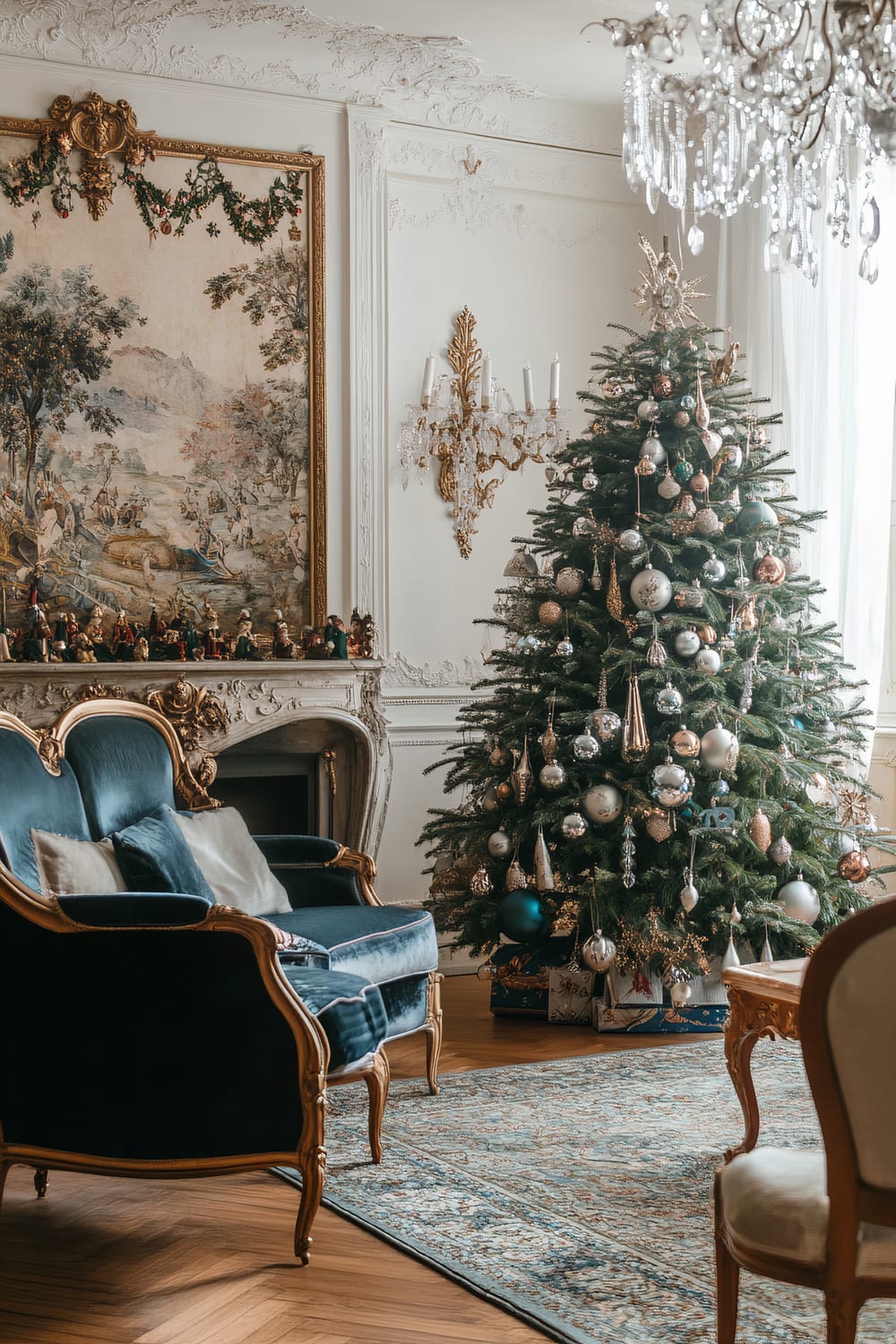 An Art Nouveau-inspired living room decorated for Christmas. The image features a vintage Christmas tree adorned with glass and floral-patterned ornaments. The room has ornate furniture in rich colors, a large ornate tapestry on the wall, wood floors, and a chandelier that provides soft lighting.