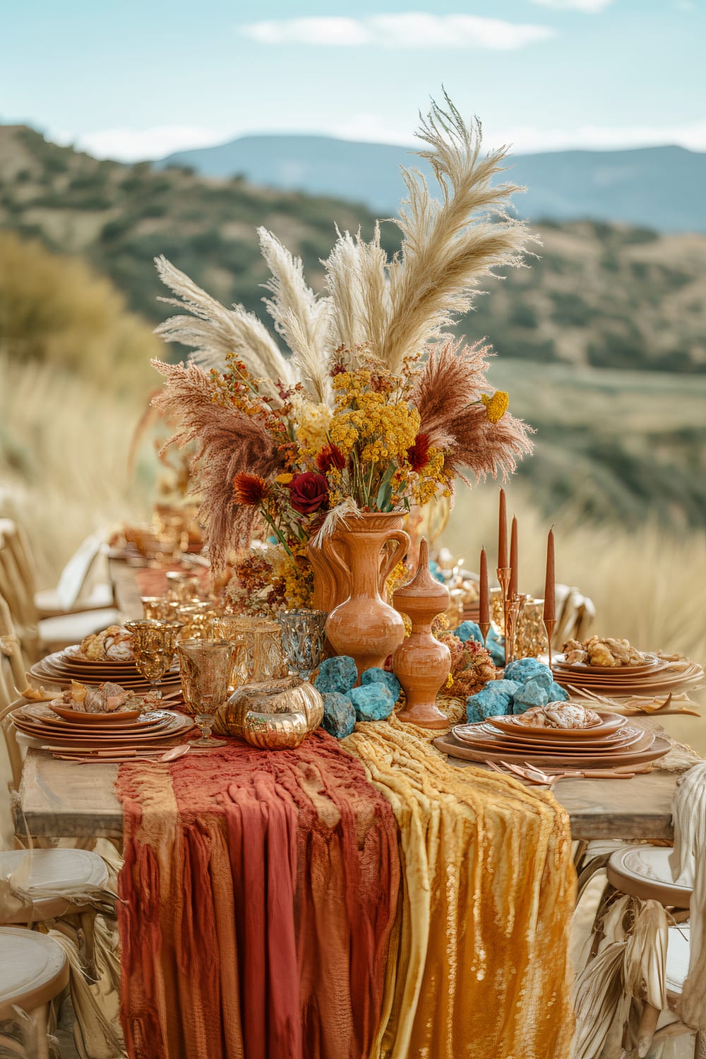 An outdoor tablescape set with terracotta vases holding pampas grass and other dried floral arrangements as the centerpiece. The table is adorned with plates, gold glassware, and colorful autumnal textiles in shades of burnt orange, ochre yellow, and deep red, draping down the sides. Blue ornamental stones and various gold elements enhance the rustic yet elegant decor. The background features rolling hills under a blue sky.