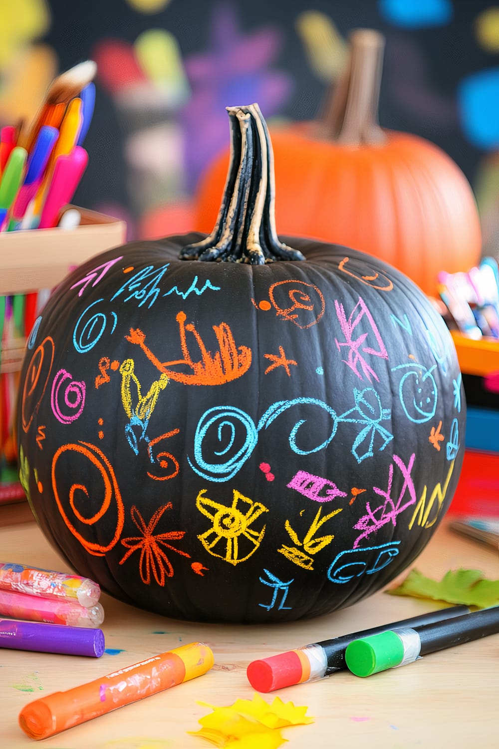 A black pumpkin is decorated with a variety of colorful chalk drawings, including spirals, abstract shapes, and whimsical symbols. Surrounding the pumpkin, there are several bright art supplies such as markers, chalks, and paint brushes. In the background, an orange pumpkin and a blurred, vibrant, multicolored wall are visible.