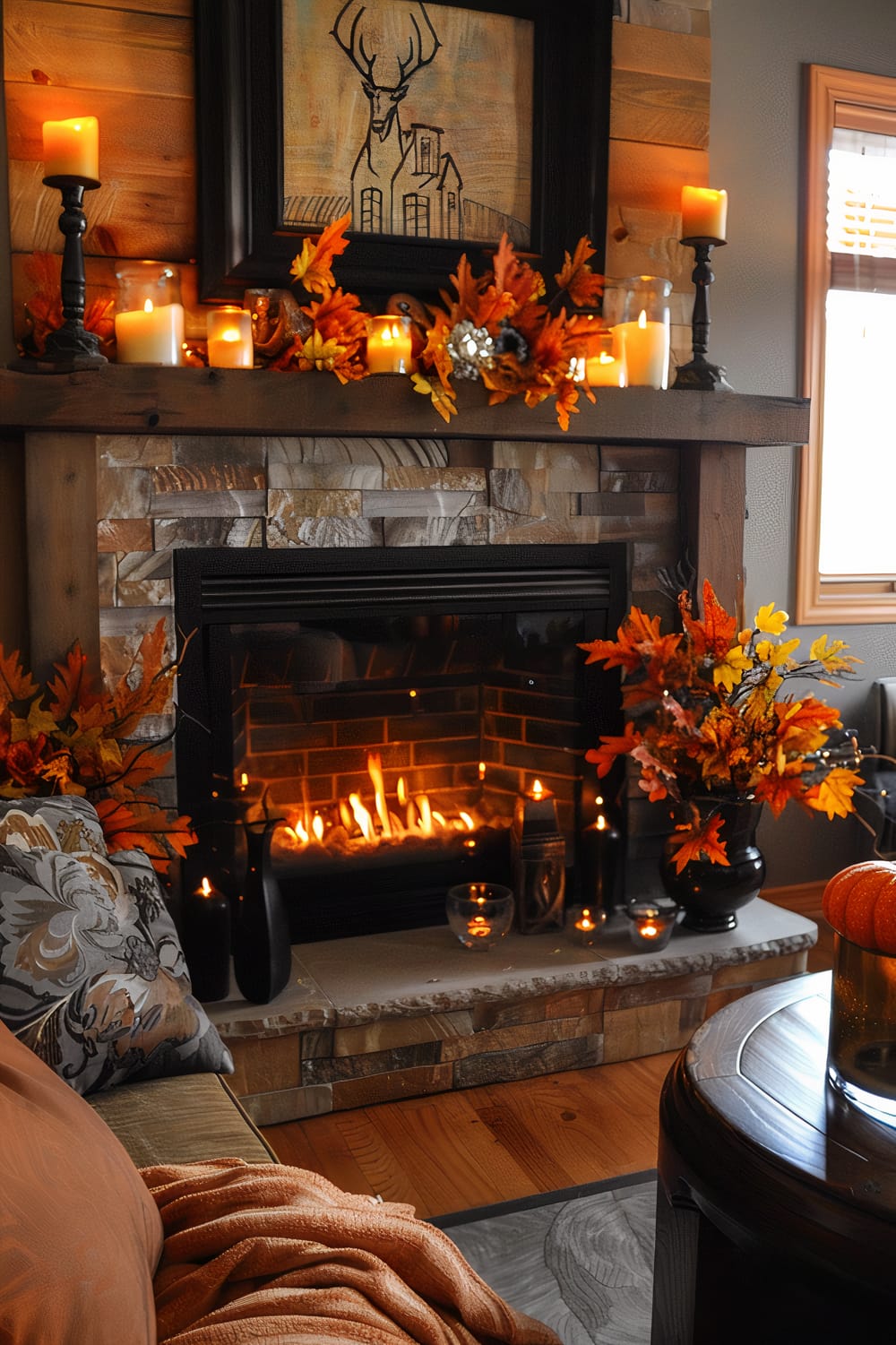 An inviting, warmly lit living room scene showcasing a stone fireplace. The mantel is adorned with autumnal decor, including candles, a framed painting, and an arrangement of orange and yellow leaves. A cozy armchair with a patterned pillow and a soft throw blanket is placed nearby. A dark vase with more autumn foliage sits next to the fireplace, while a dark wooden coffee table with a decorative pumpkin adds to the seasonal atmosphere.