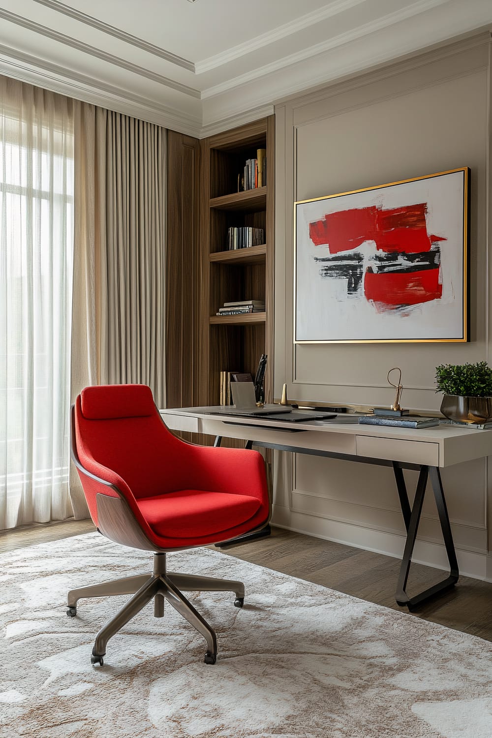 A modern home office with a red swivel chair, a minimalist desk, built-in wooden shelves with books, large window with beige curtains, an abstract red and black painting, and a neutral patterned rug.