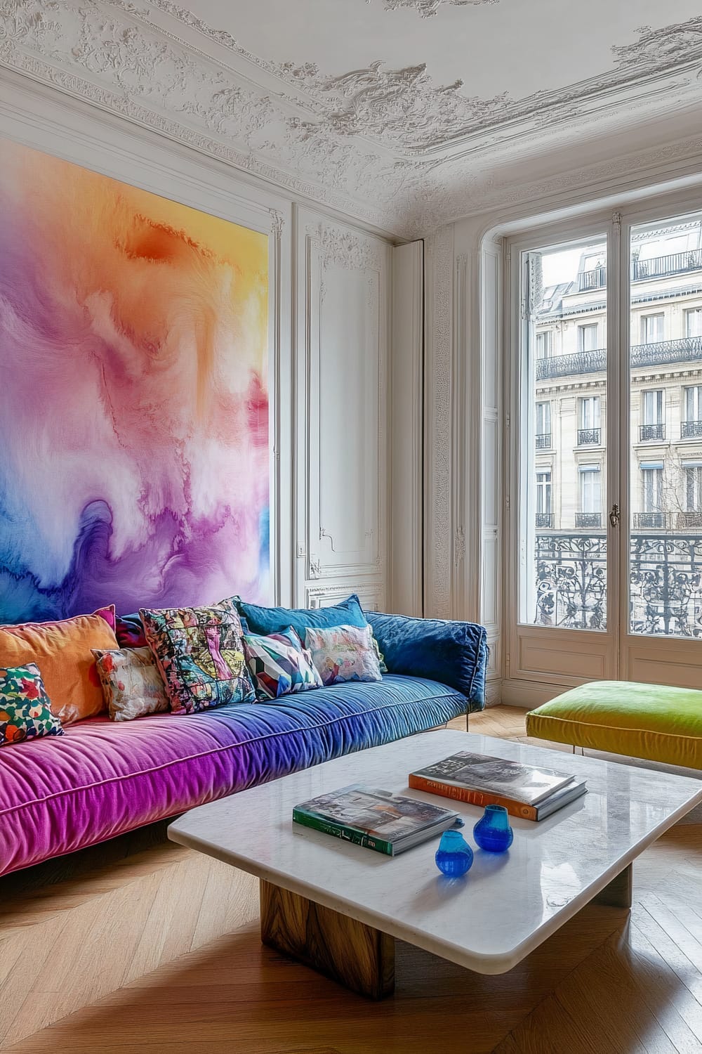 A Parisian Haussmannian apartment living room featuring vibrant ombré walls transitioning through a spectrum of rainbow tones. The room showcases a colorful sofa with a gradient effect, adorned with a variety of patterned cushions in bright colors. In front of the sofa is a minimalist marble coffee table holding books and small blue vases. An abstract artwork complements the vivid wall, while sunlight streams through tall French windows, highlighting the ornate, white moldings and detailed ceiling.