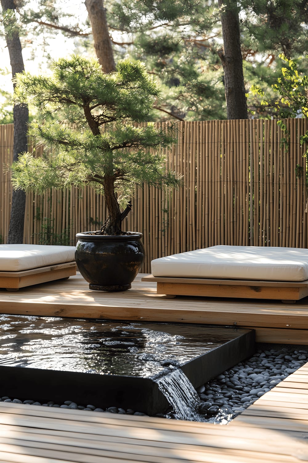 A serene outdoor space featuring a minimalist wooden deck. The deck encompasses a black granite water fountain that spills over into a stone-filled basin. Two low, backless benches with cream cushions offer a place to sit, placed opposite each other for easy conversation. A bonsai pine tree enhances the tranquility of the space, housed in a beautifully sculpted clay pot, and alongside, a bamboo screen affords privacy amid nature. Overhead, tree branches filter the soft light of a dappled morning sun.