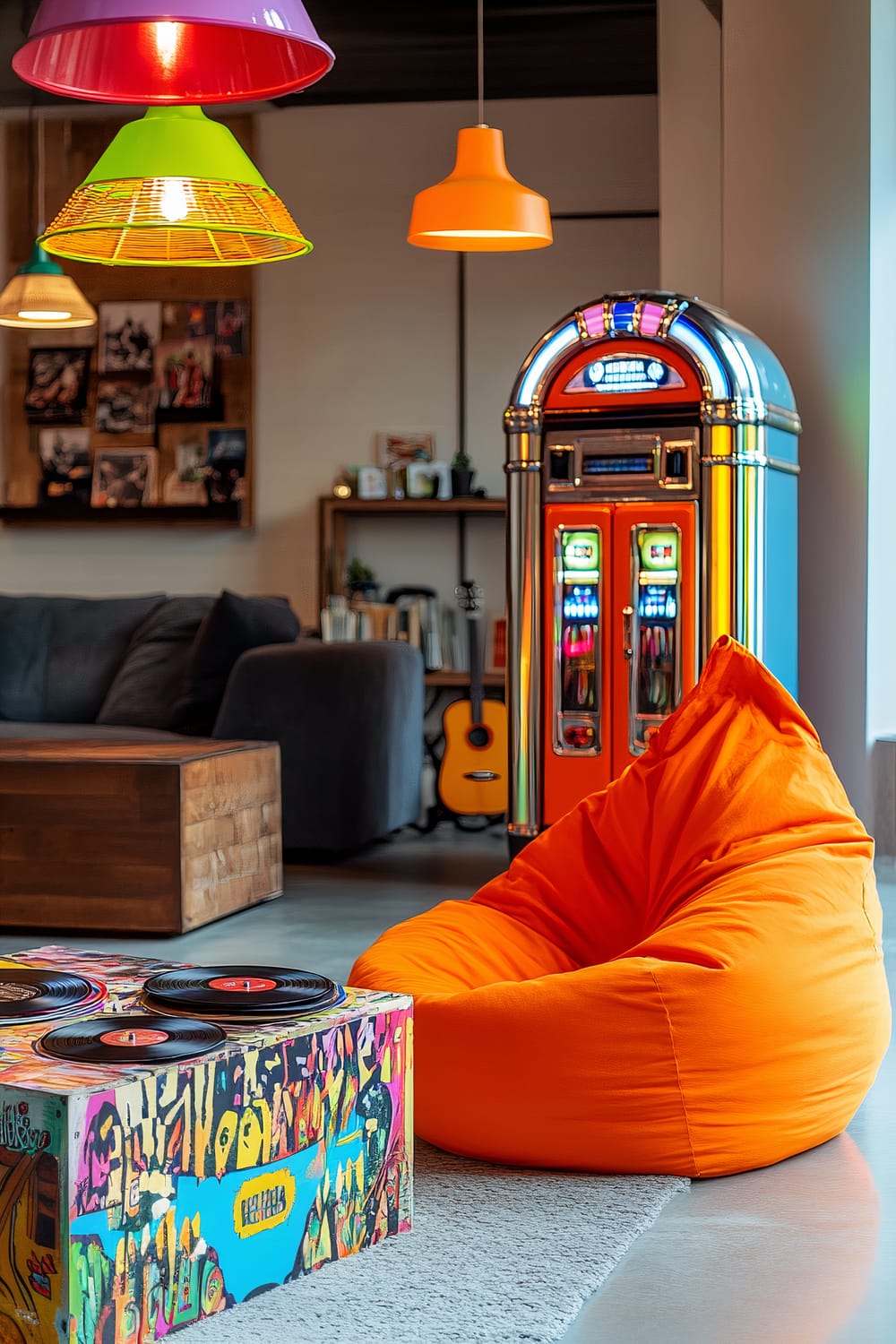 An orange bean bag chair positioned next to a colorful, graffiti-patterned coffee table with vinyl records on it. A vintage jukebox is displayed against the wall, and a dark grey sofa is in the background. Three pendant lights in orange, green, and purple hang from the ceiling.